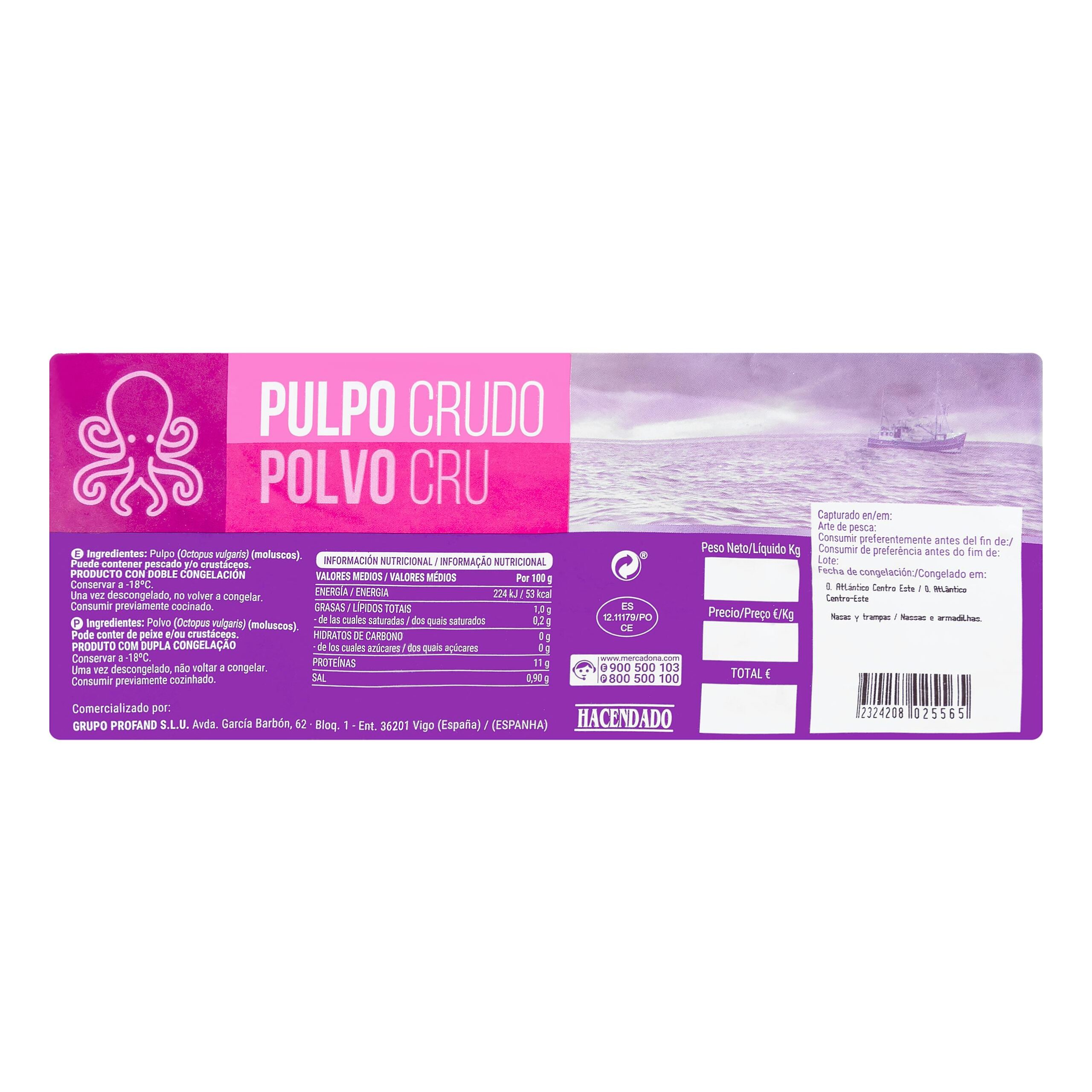 Etiqueta Pulpo crudo Hacendado congelado