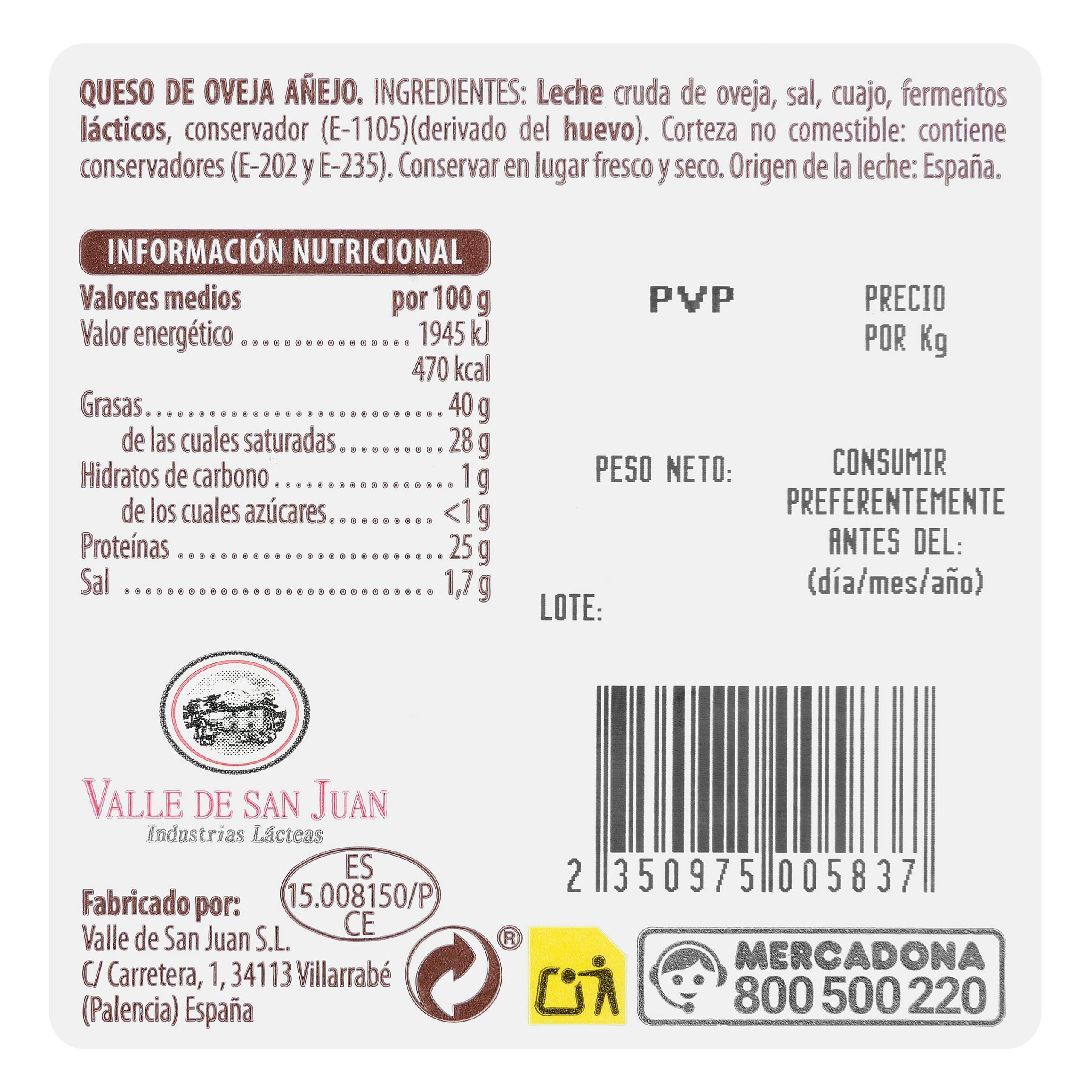 Etiqueta Queso añejo fuerte de oveja Hacendado