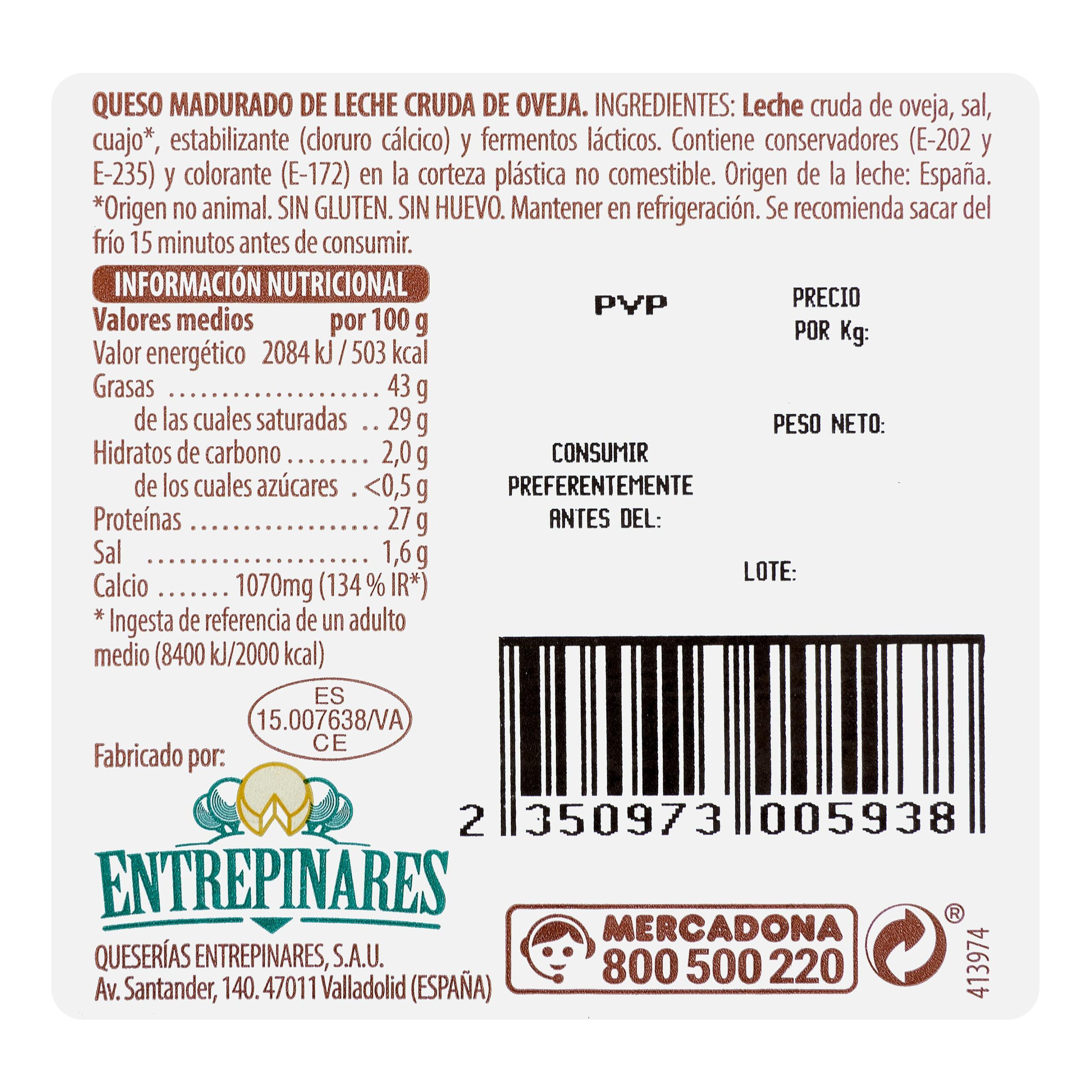Etiqueta Queso añejo seco de oveja Hacendado
