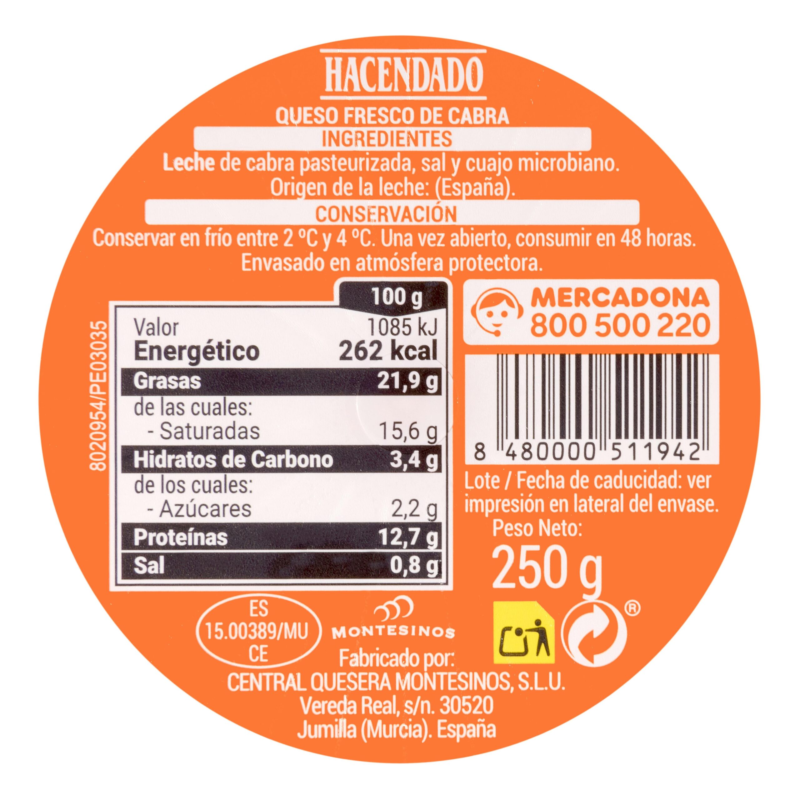 Etiqueta Queso fresco de cabra Hacendado