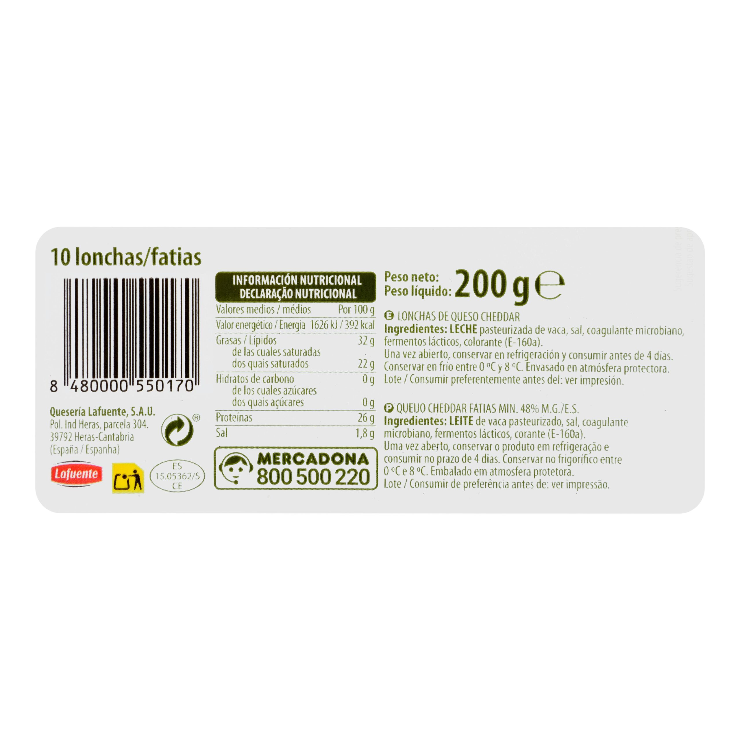 Etiqueta Queso lonchas cheddar de vaca Hacendado