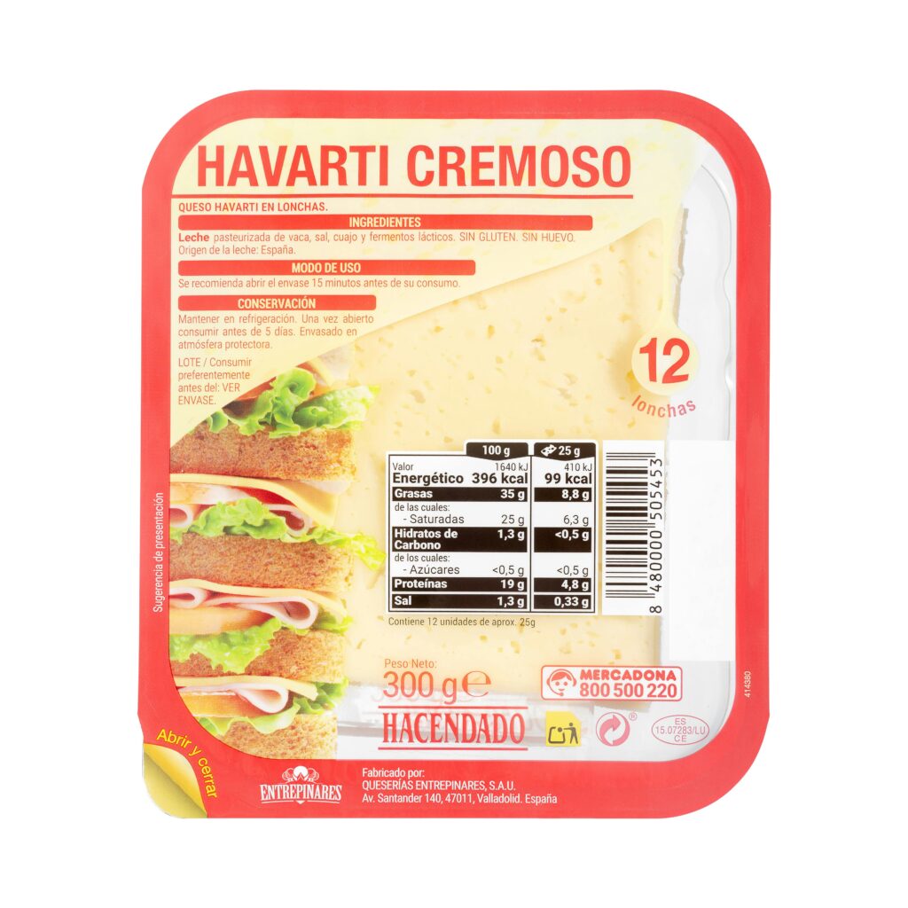 Queso lonchas cremoso havarti de vaca Hacendado
