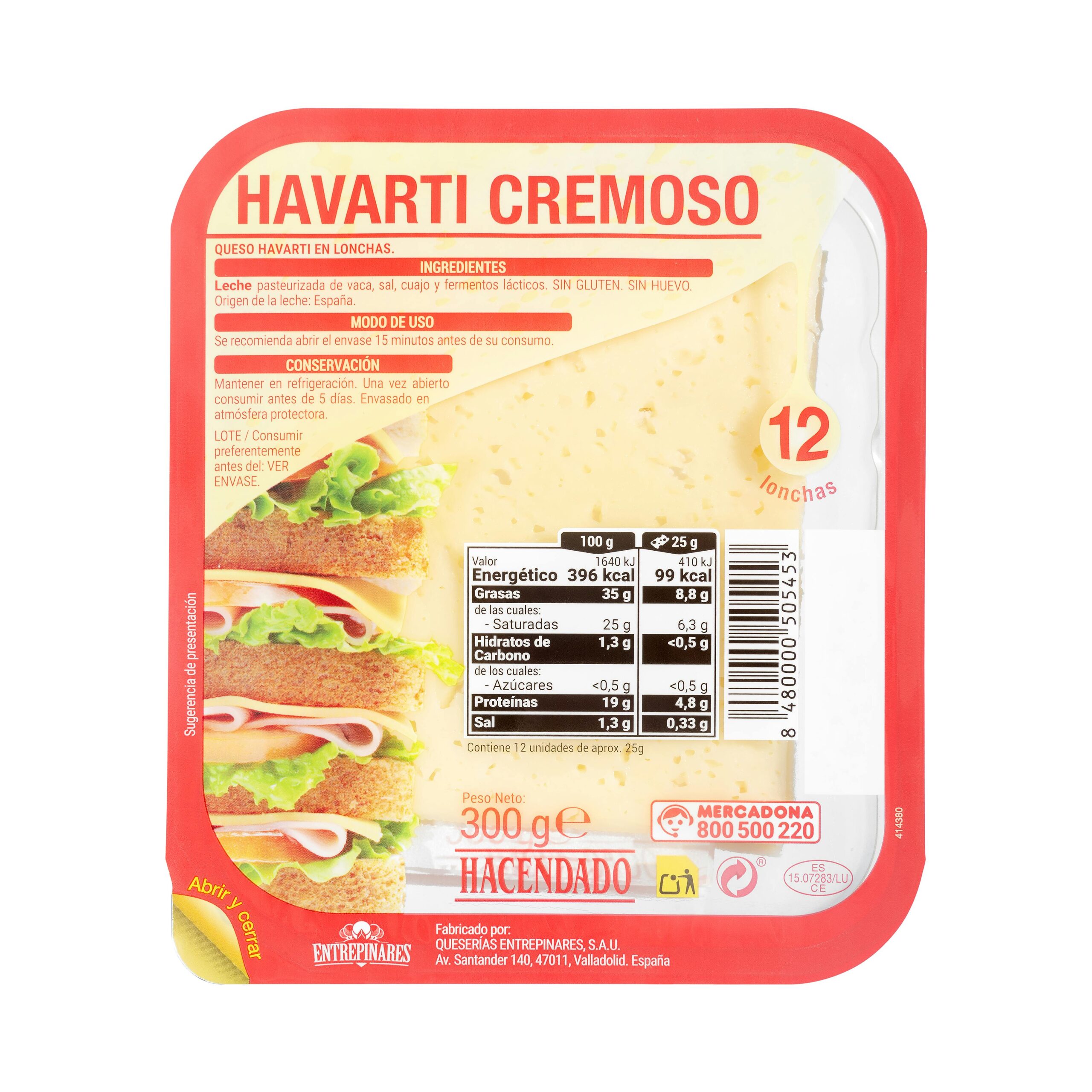 Queso lonchas cremoso havarti de vaca Hacendado Mercadona