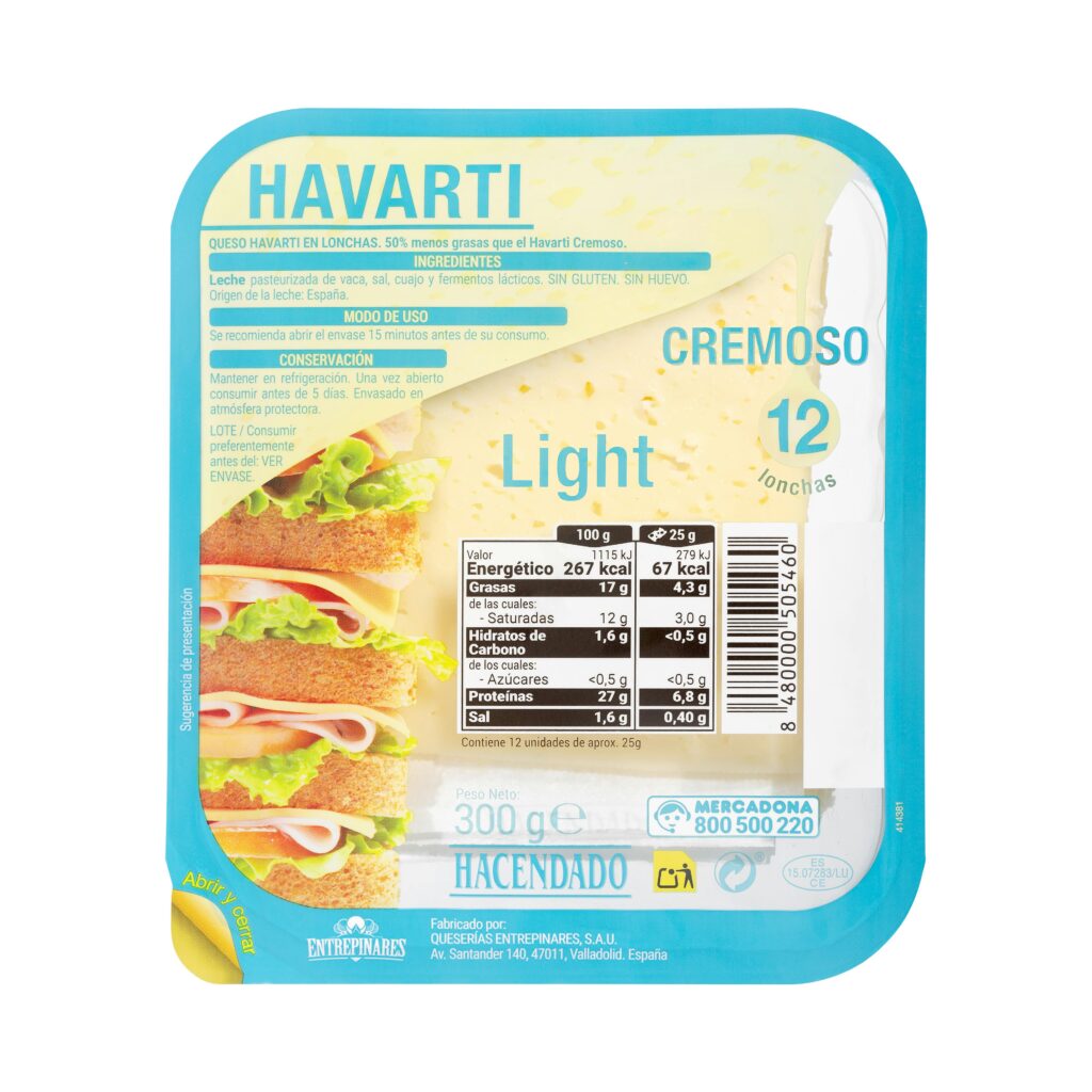 Queso lonchas cremoso light havarti de vaca Hacendado