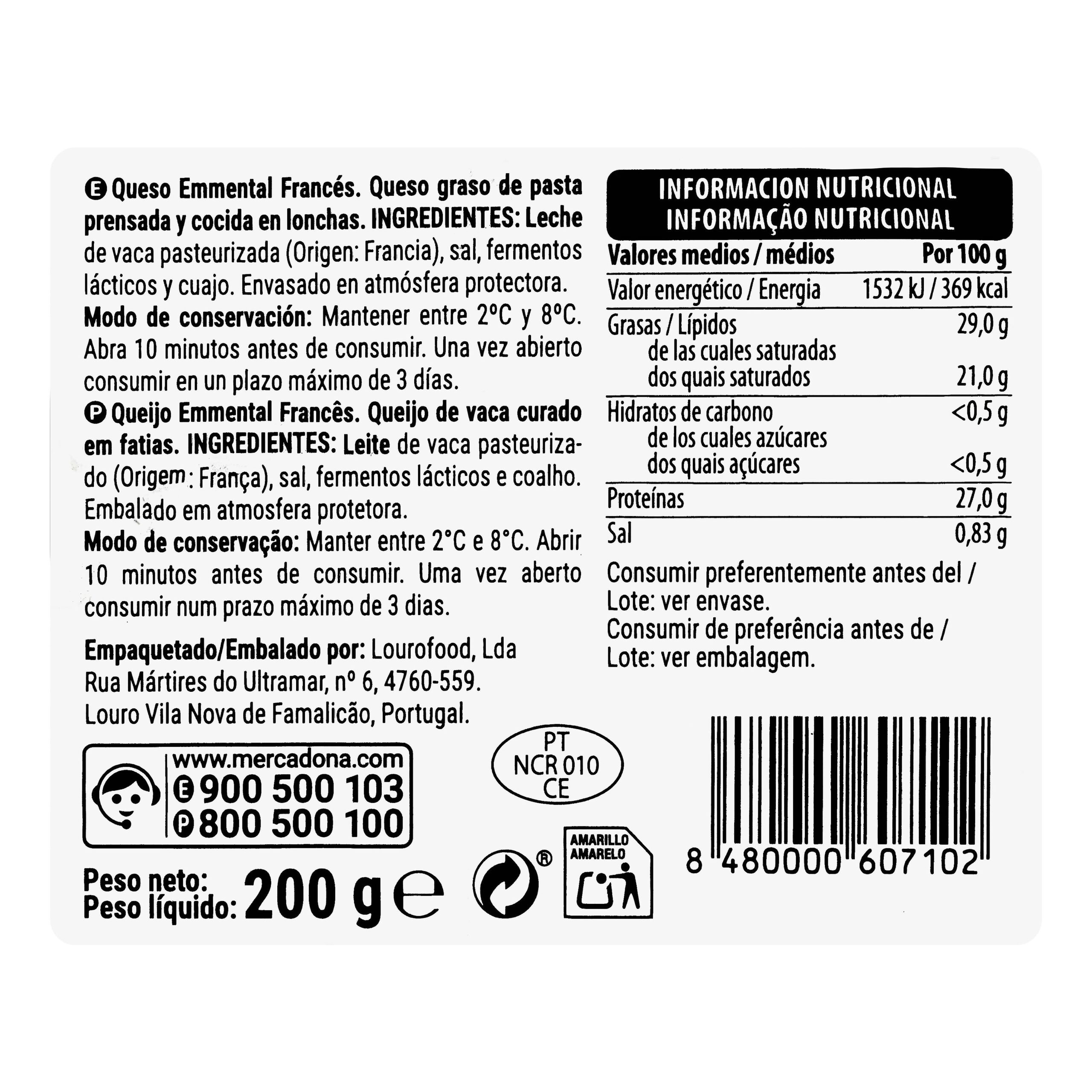 Etiqueta Queso lonchas emmental de vaca Hacendado