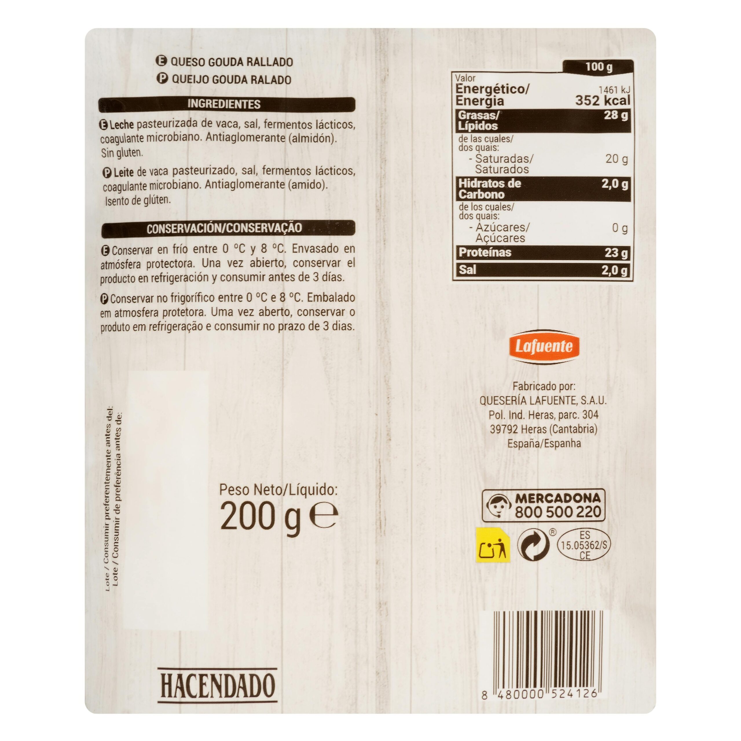 Etiqueta Queso rallado gouda de vaca Hacendado