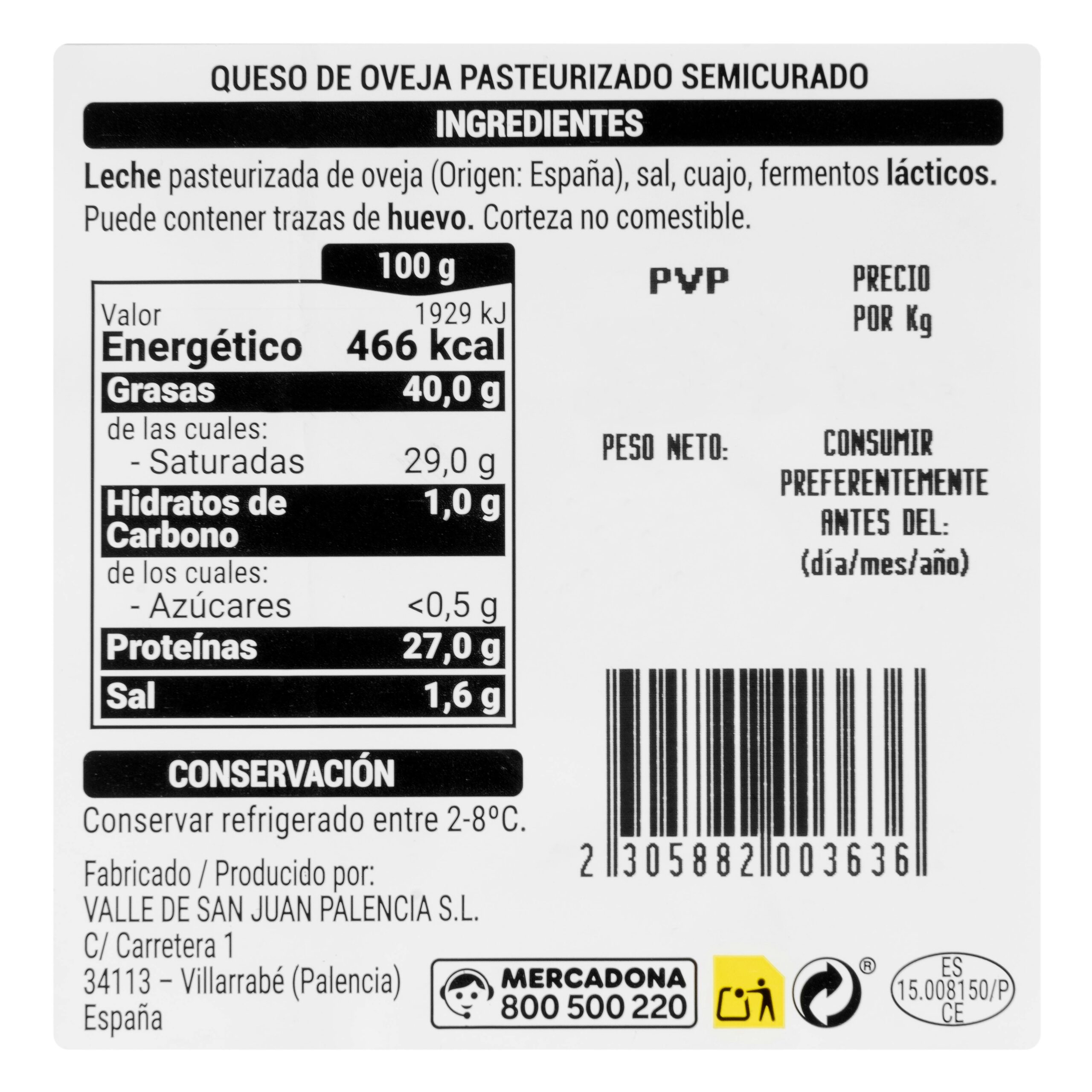 Etiqueta Queso semicurado de oveja Hacendado