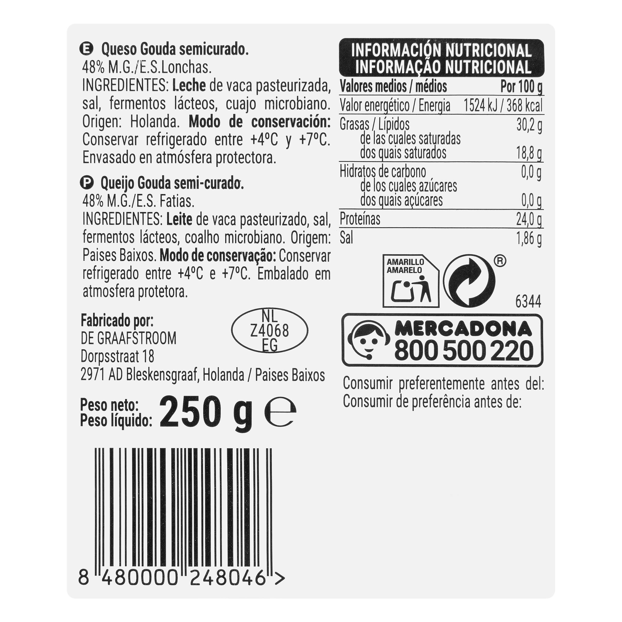 Etiqueta Queso semicurado Gouda Hacendado lonchas