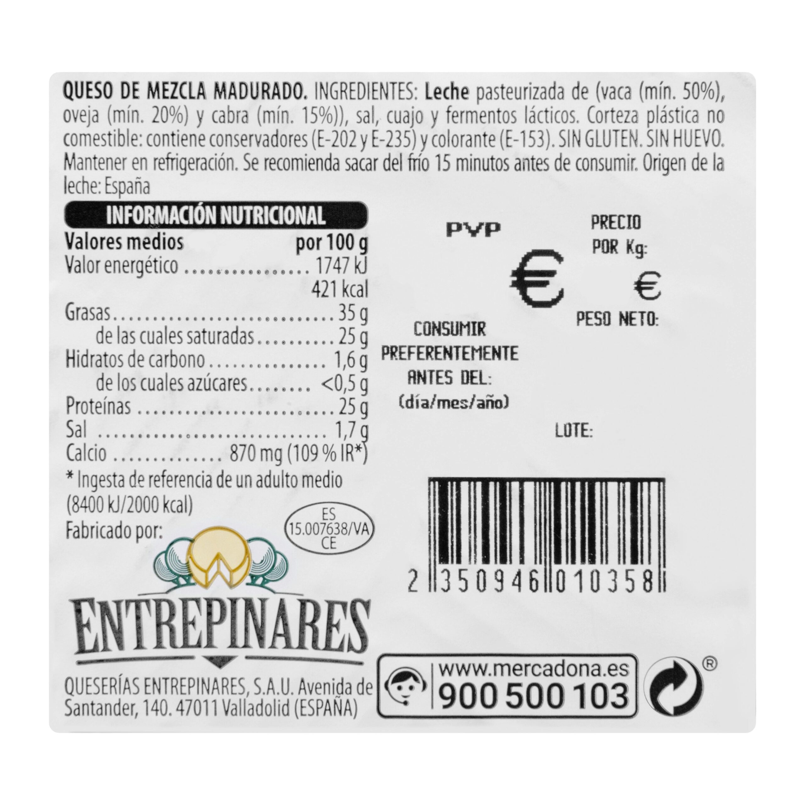 Etiqueta Queso semicurado mezcla Hacendado