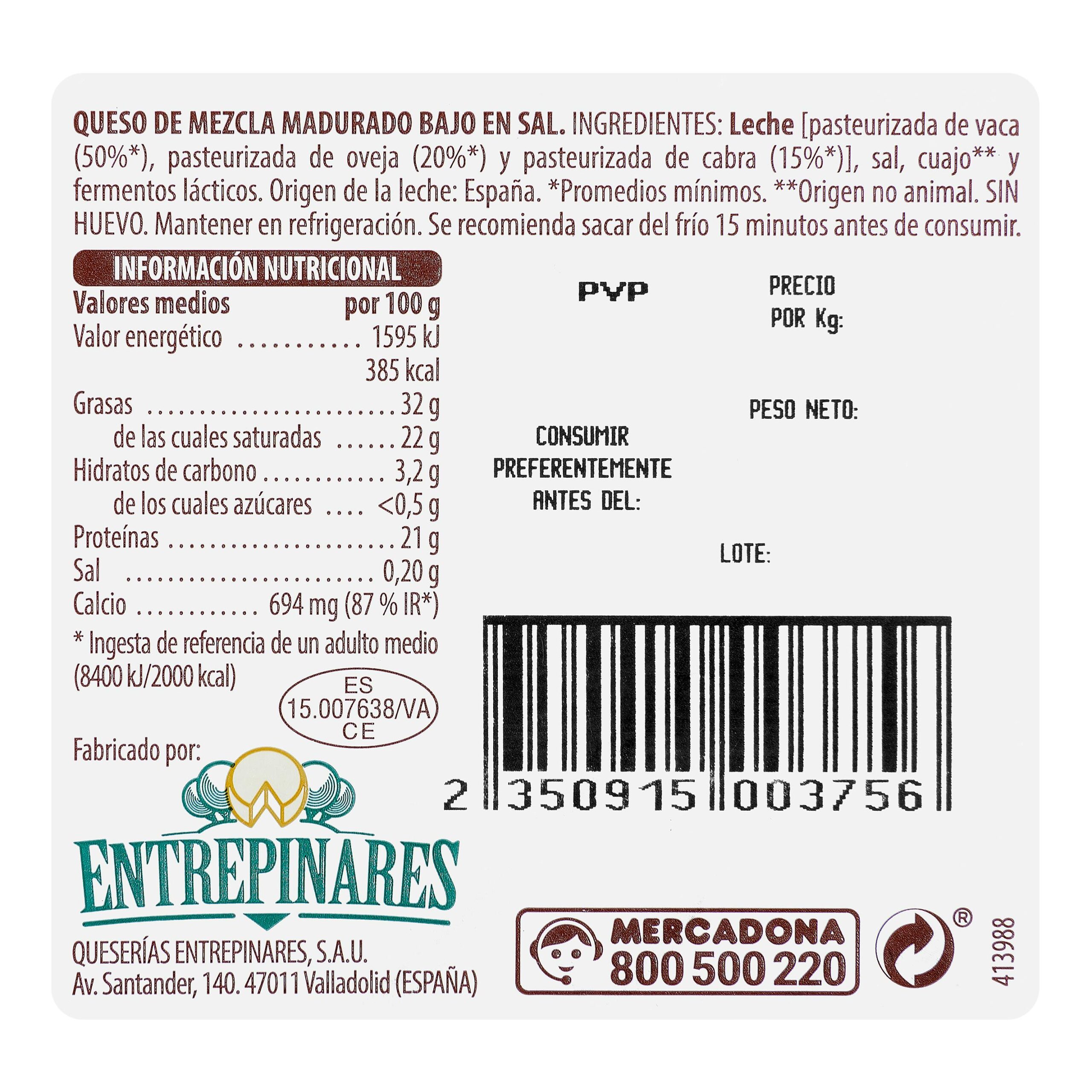 Etiqueta Queso tierno bajo en sal mezcla Hacendado