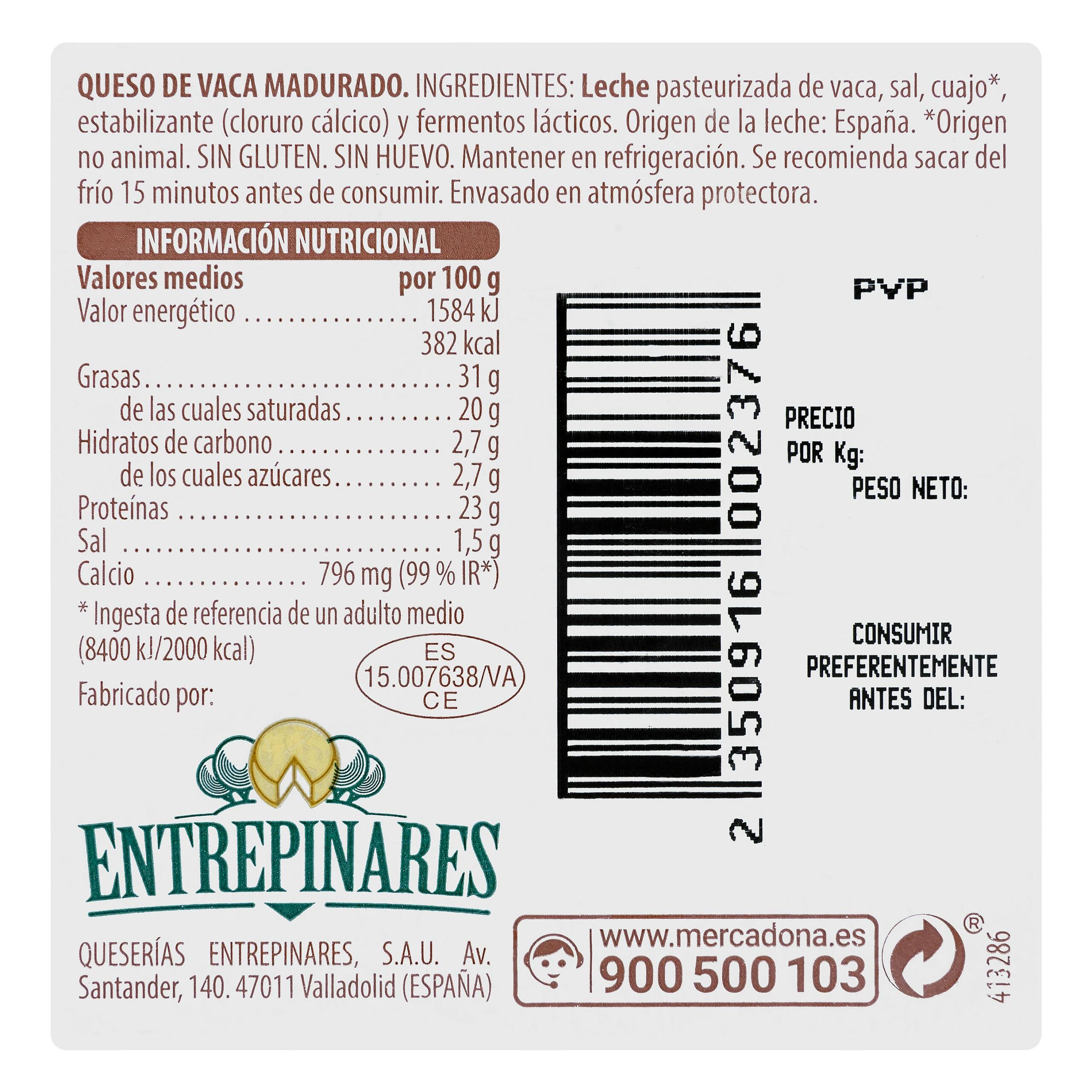 Etiqueta Queso tierno de vaca Hacendado cortado en cuñitas
