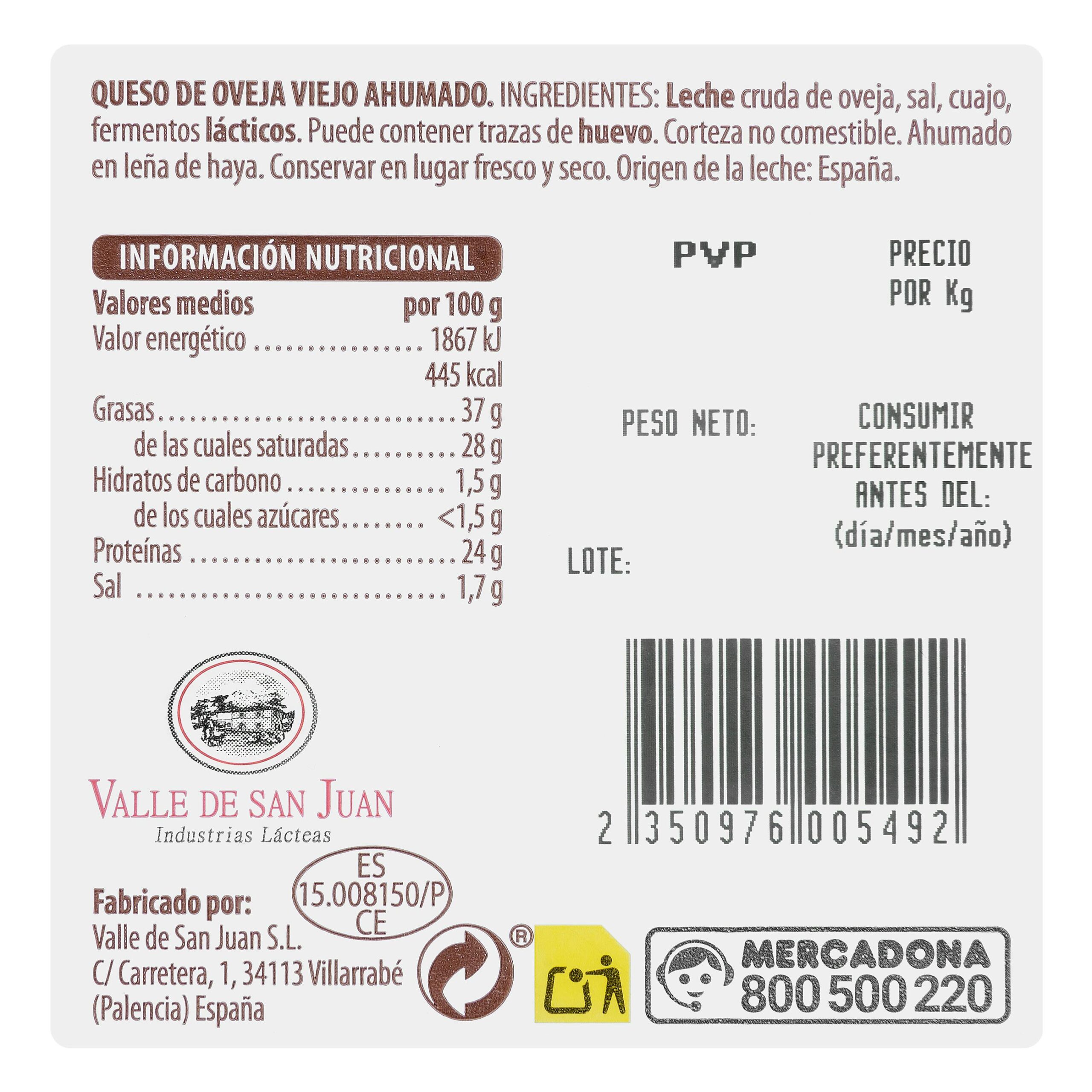 Etiqueta Queso viejo ahumado de oveja Hacendado