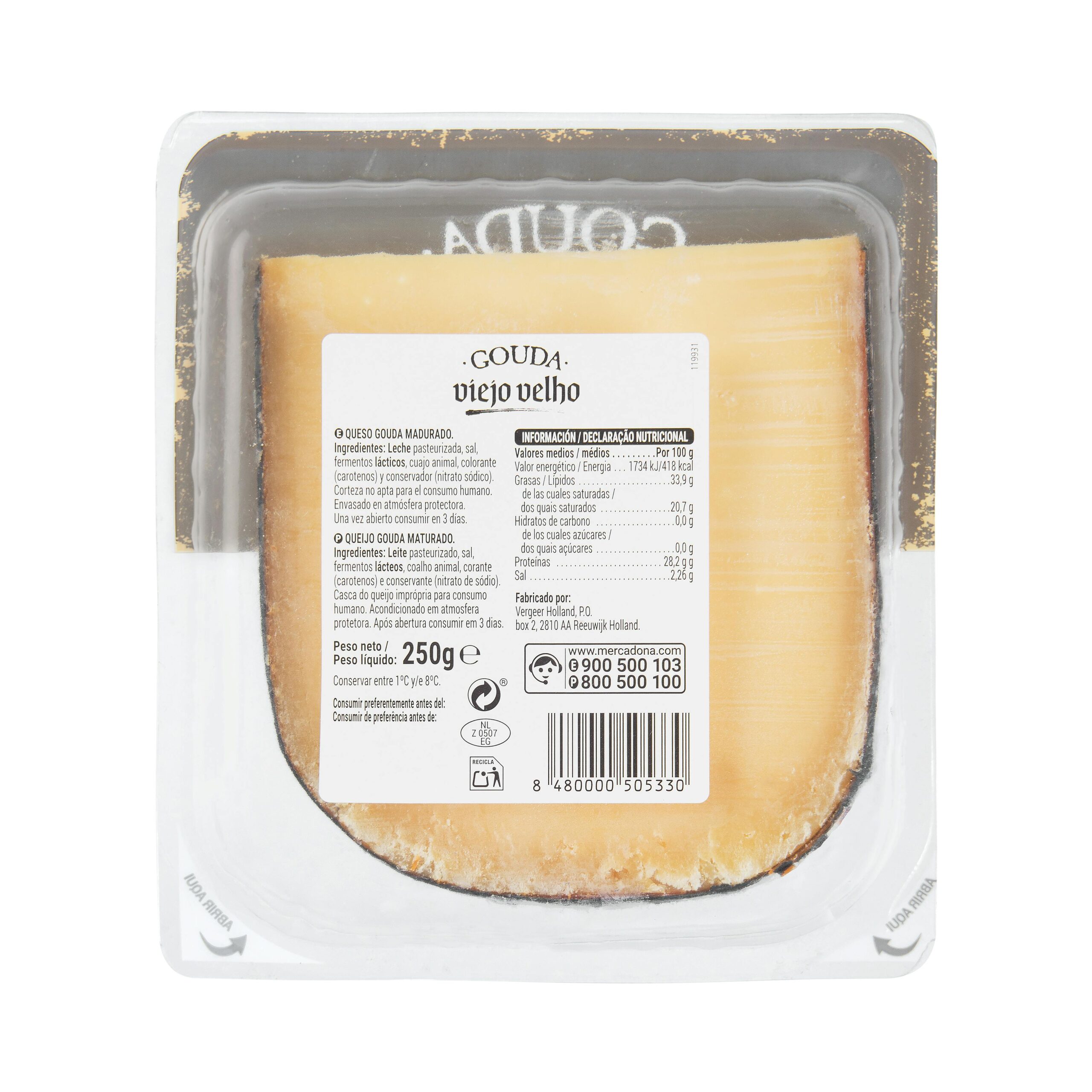Etiqueta Queso viejo gouda Hacendado