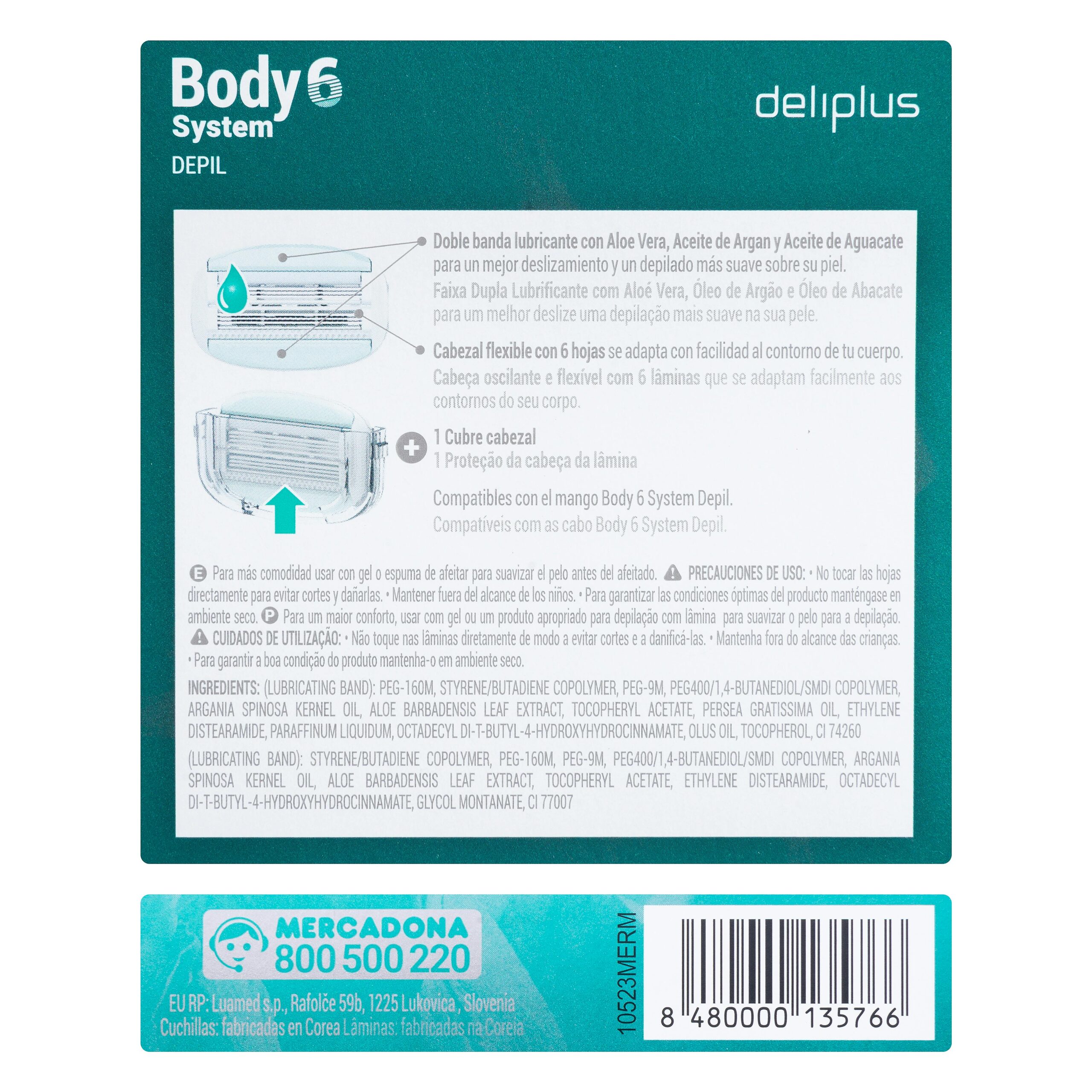 Etiqueta Recambios maquinilla depilación Deliplus Body System 6 hojas
