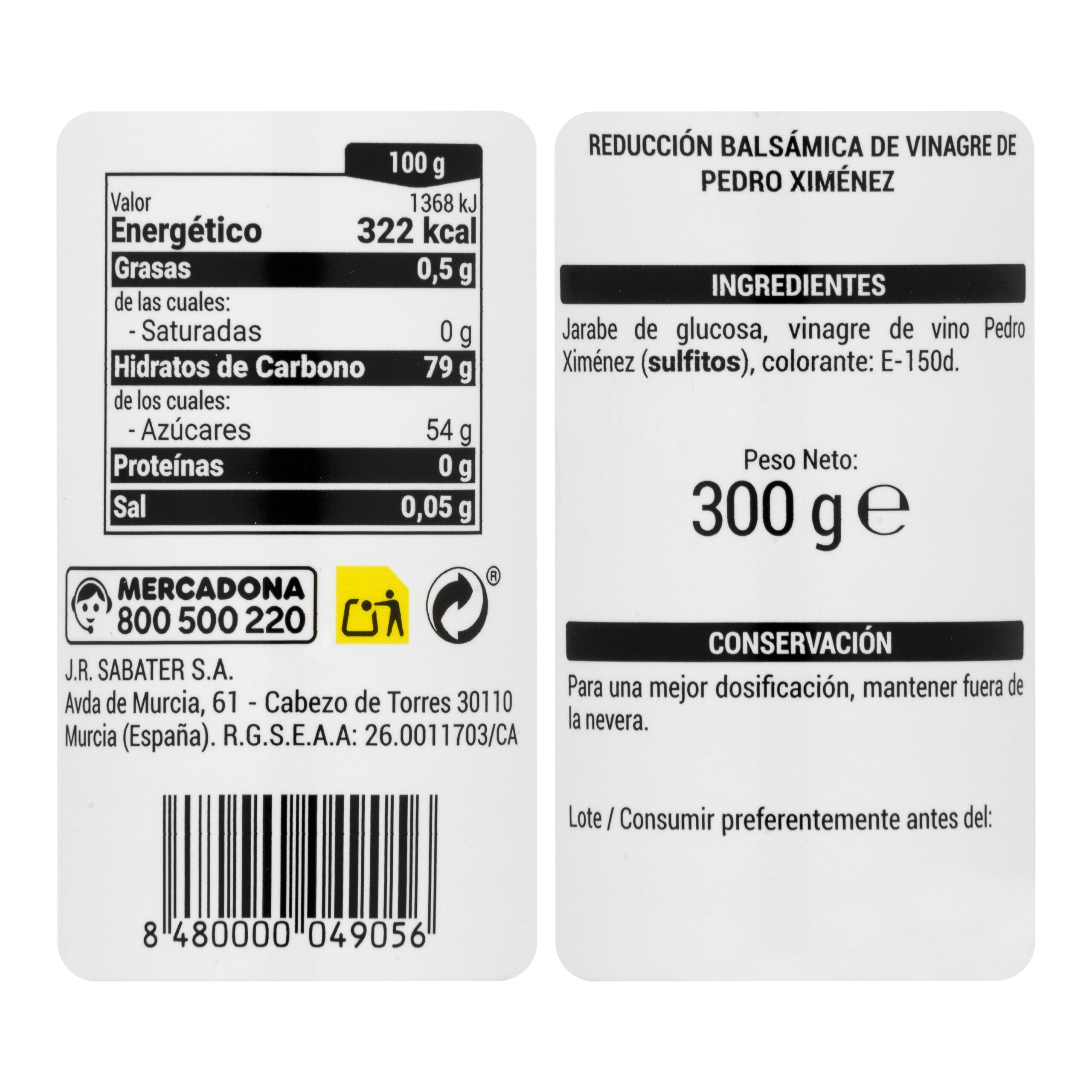 Etiqueta Reducción de vinagre Pedro Ximénez Hacendado