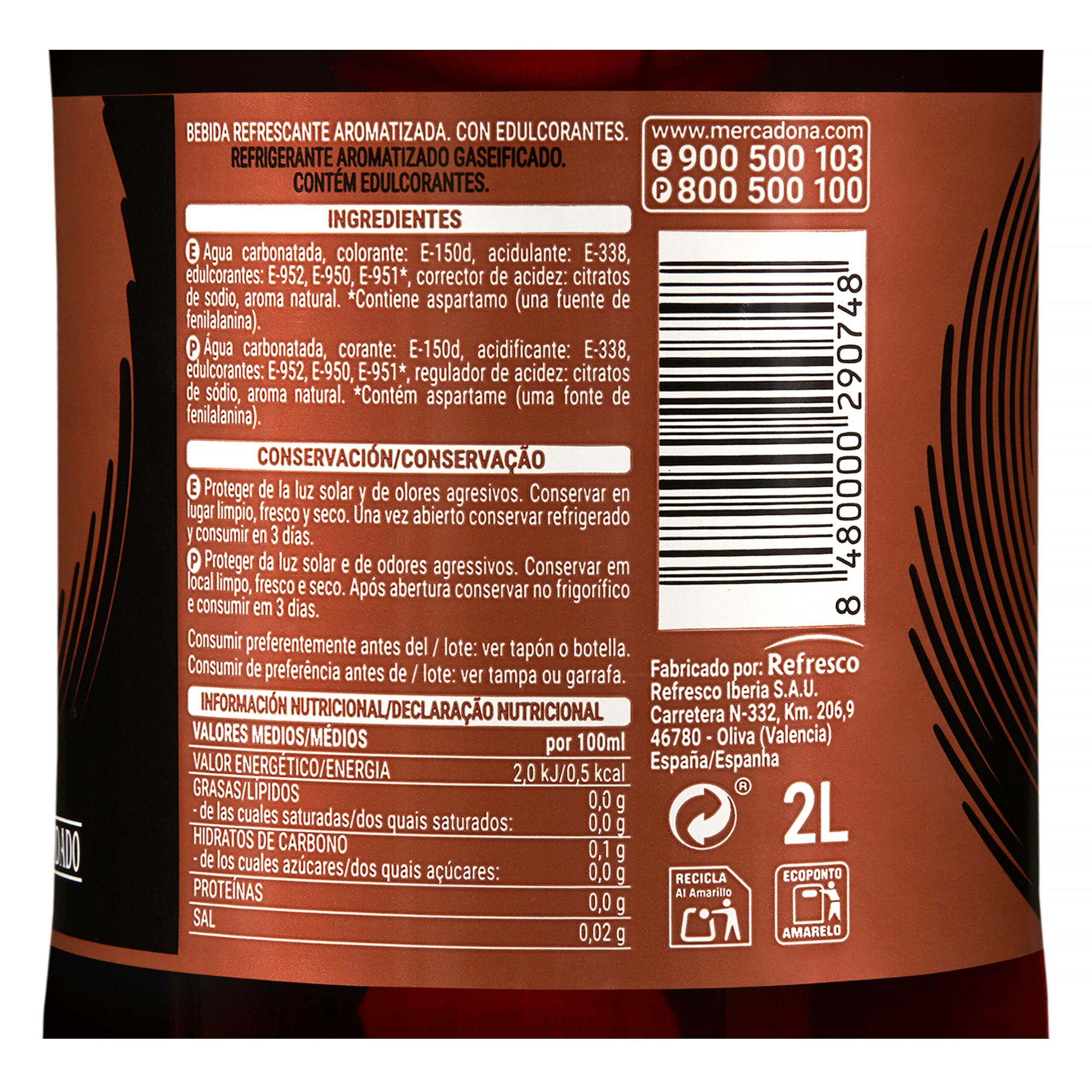 Etiqueta Refresco cola Hacendado Zero azúcar Zero cafeína
