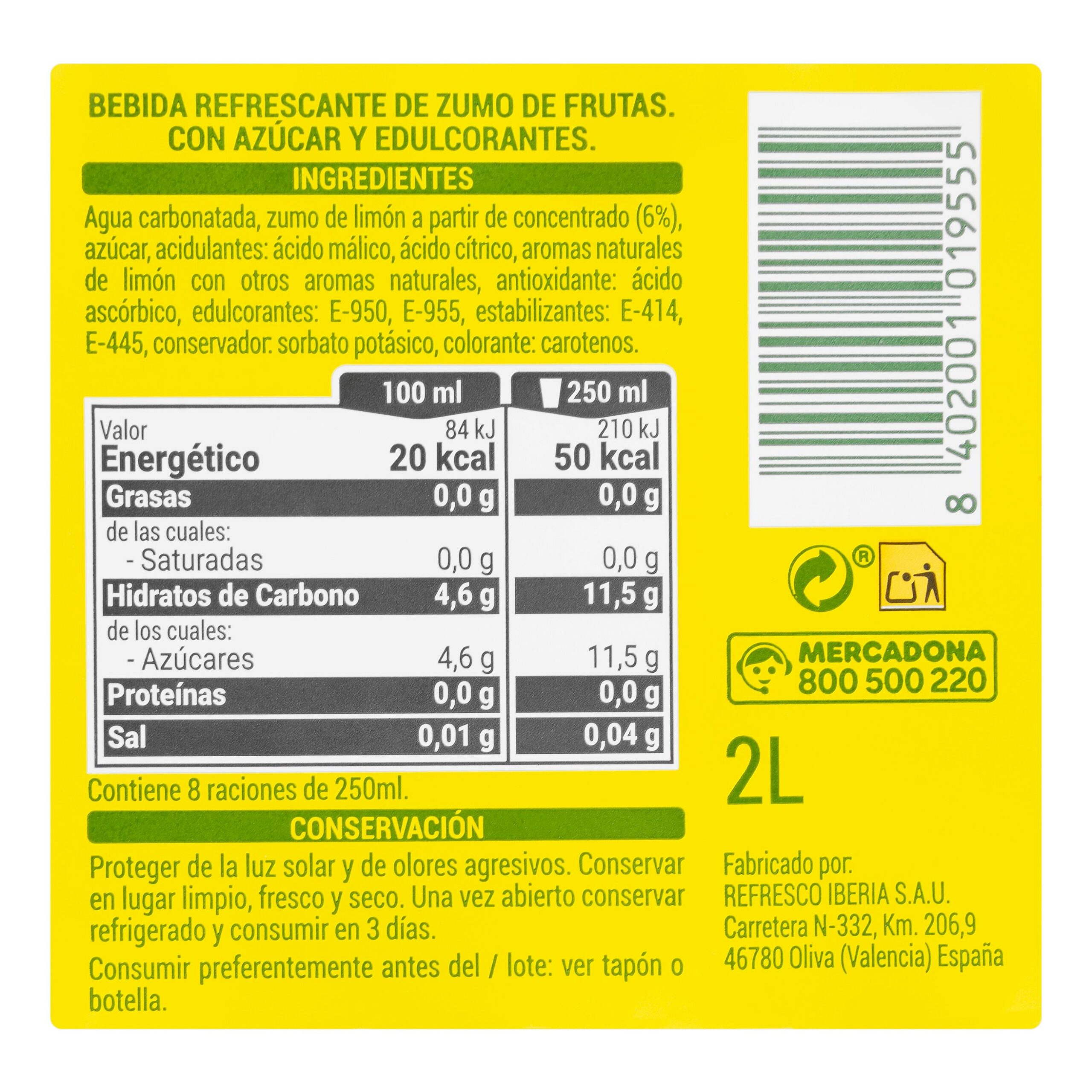 Etiqueta Refresco de limón Hacendado fresh gas