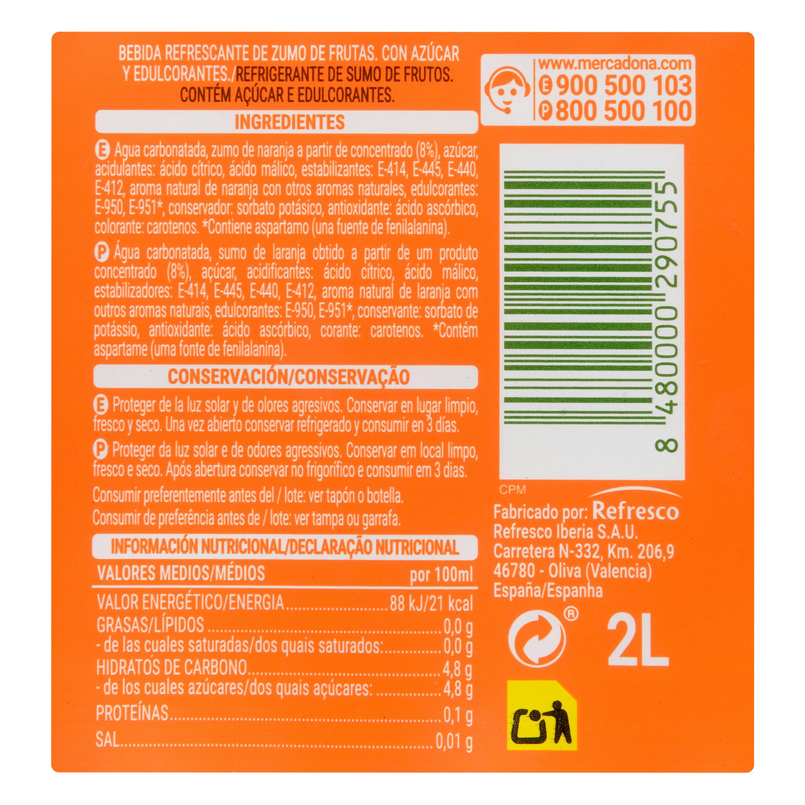 Etiqueta Refresco de naranja Hacendado fresh gas