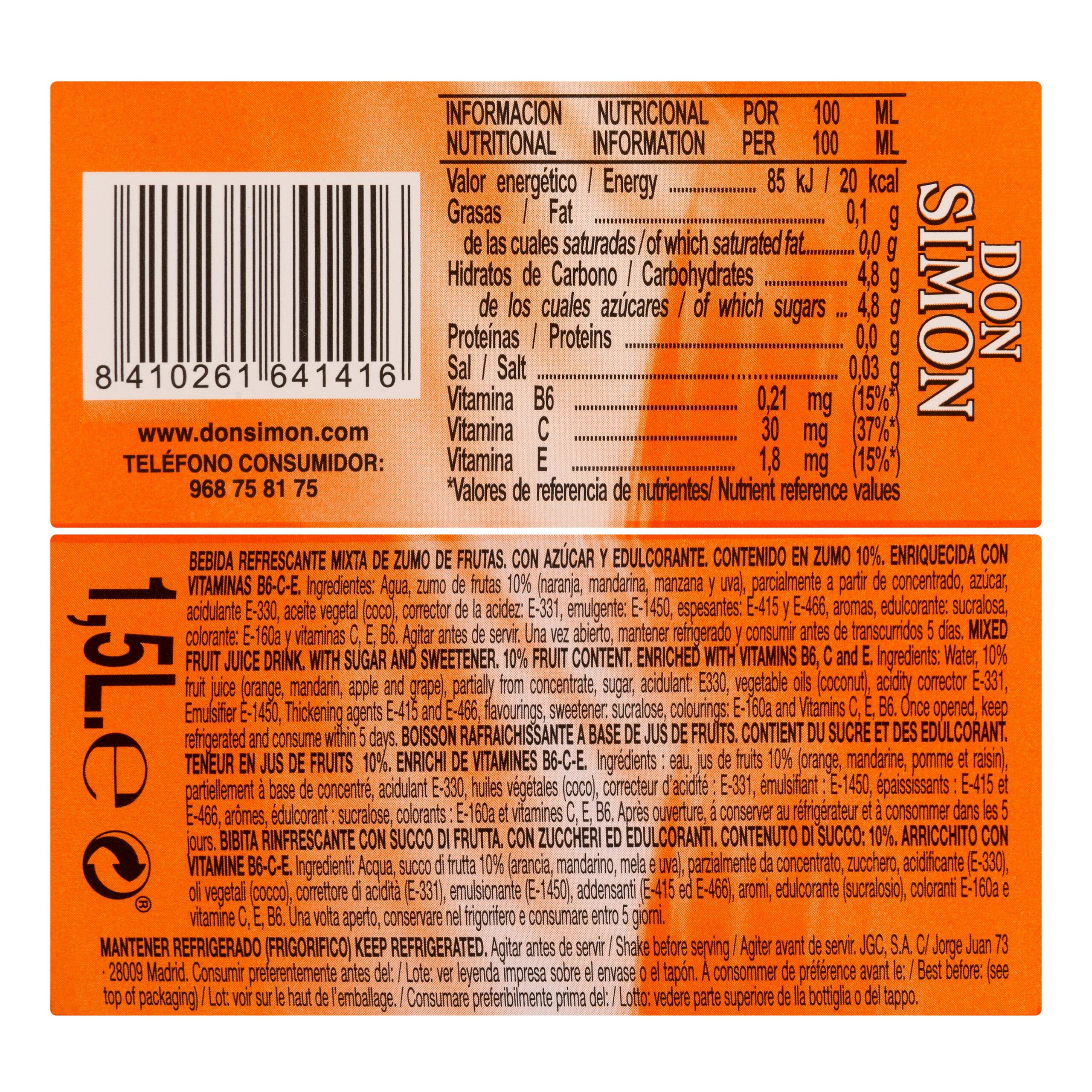 Etiqueta Refresco de naranja Simon Life sin gas