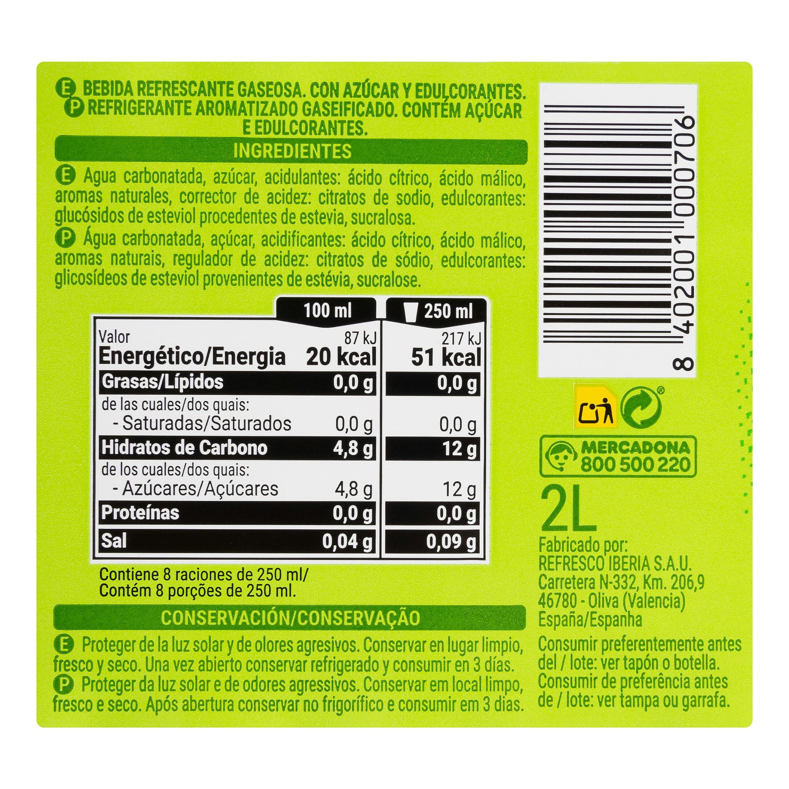 Etiqueta Refresco lima limón Hacendado fresh gas