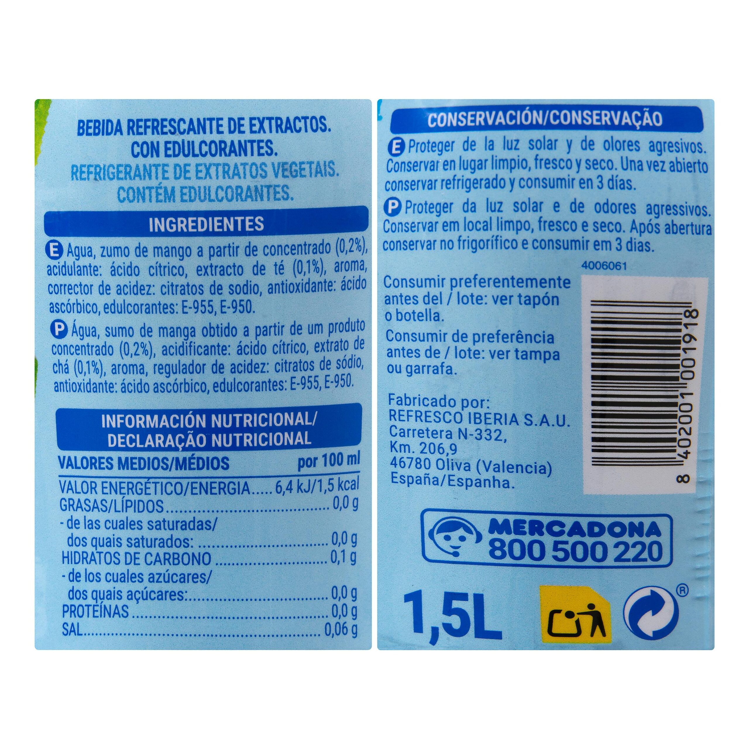 Etiqueta Refresco té sabor mango Hacendado zero