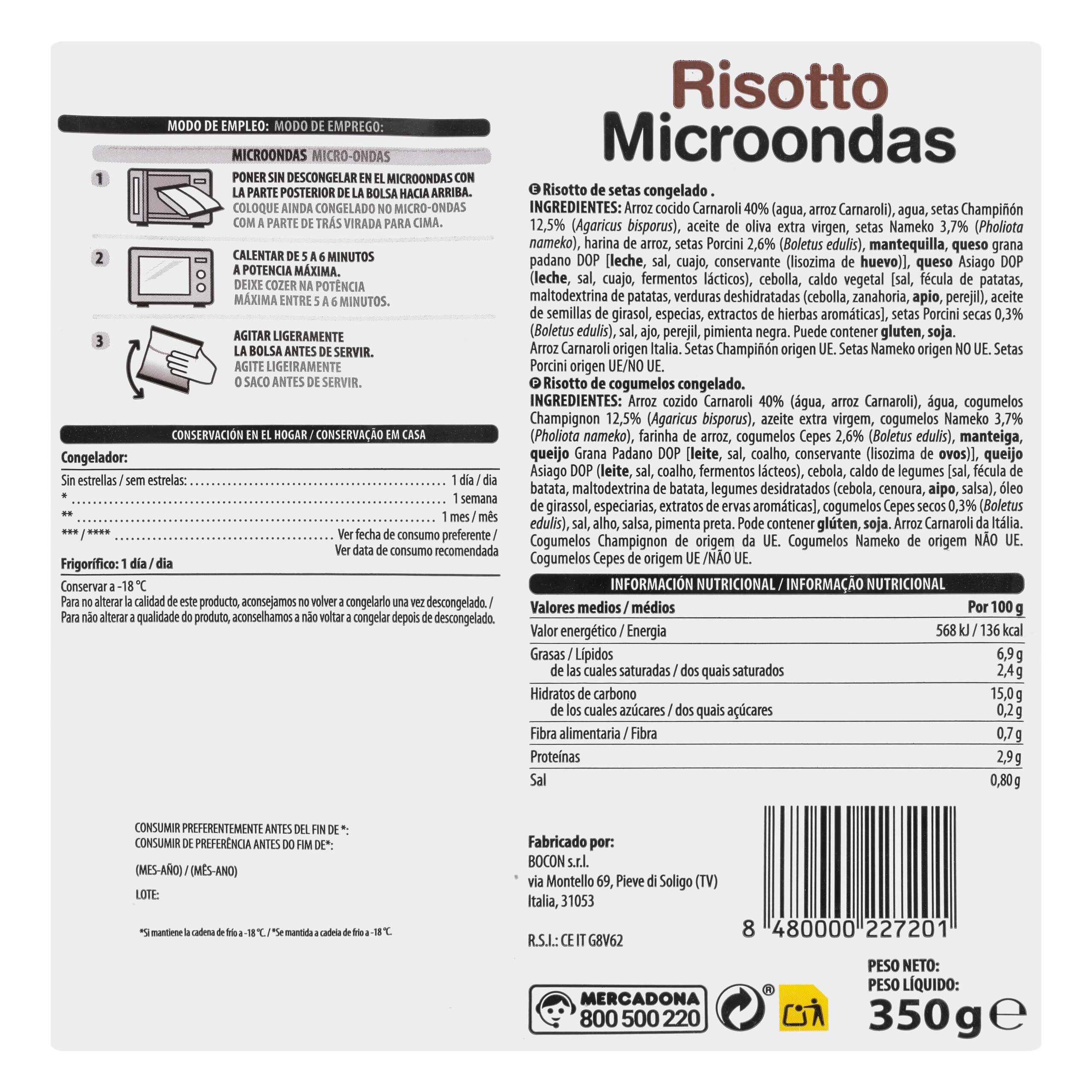Etiqueta Risotto de setas Hacendado ultracongelados