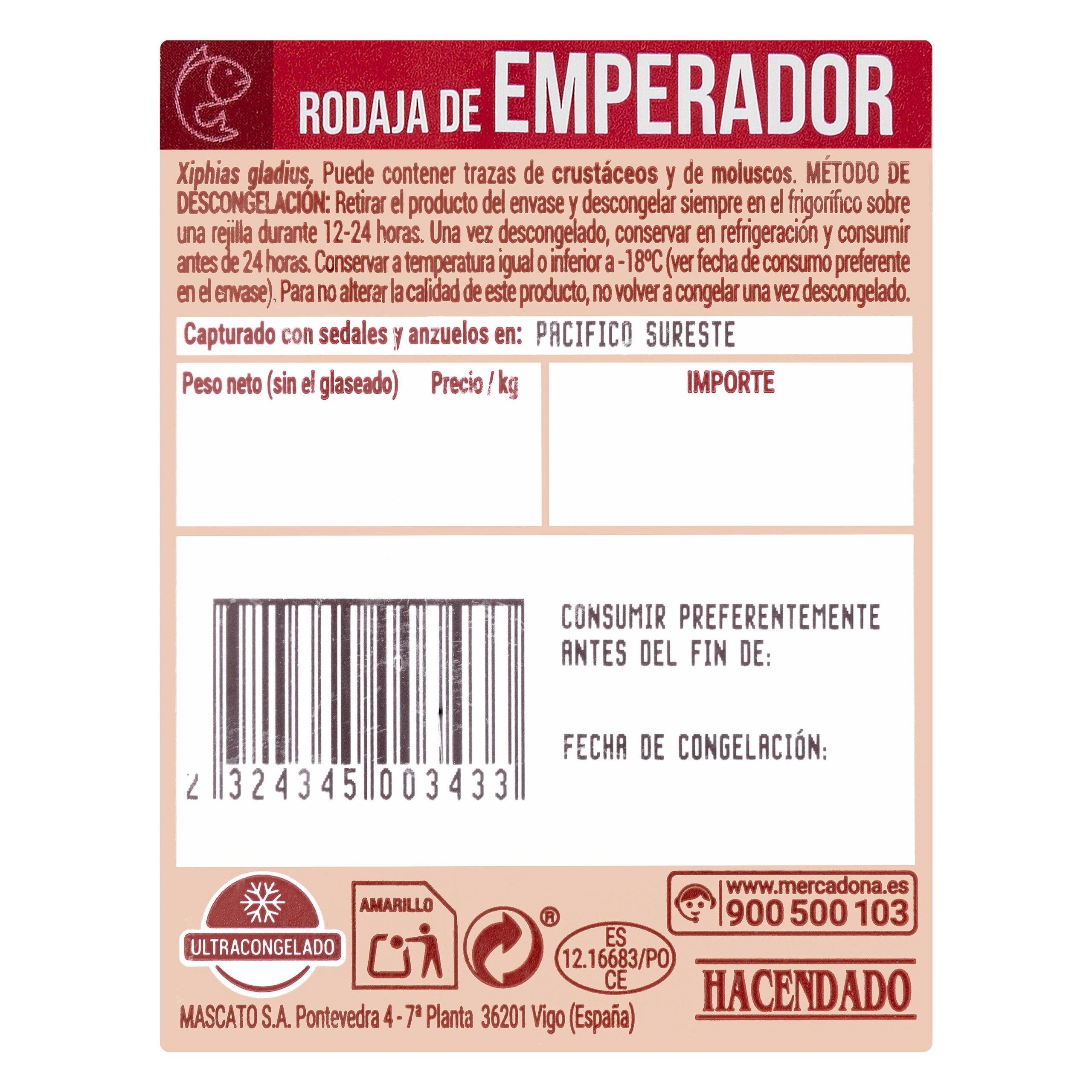 Etiqueta Rodaja de emperador Hacendado ultracongelado