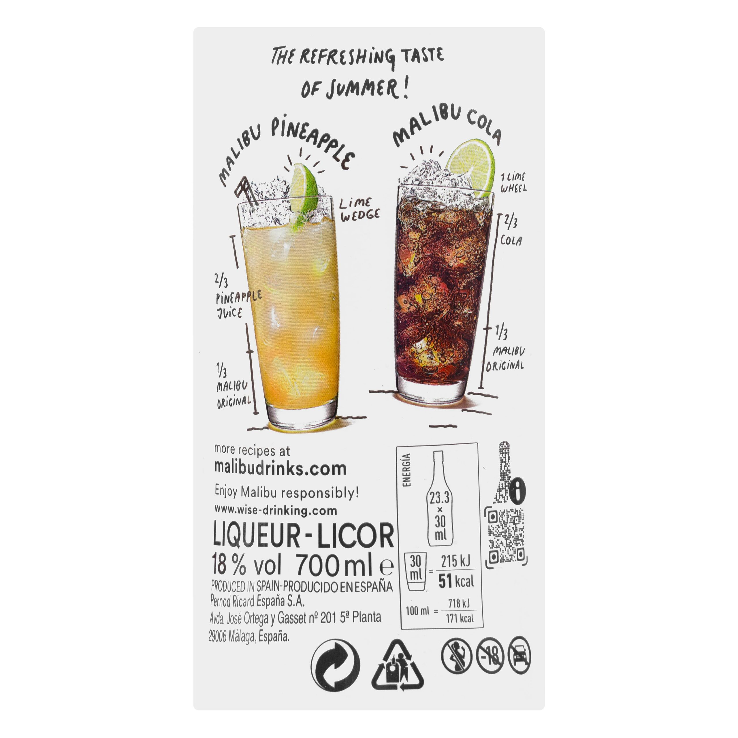 Etiqueta Ron caribeño sabor coco Malibu