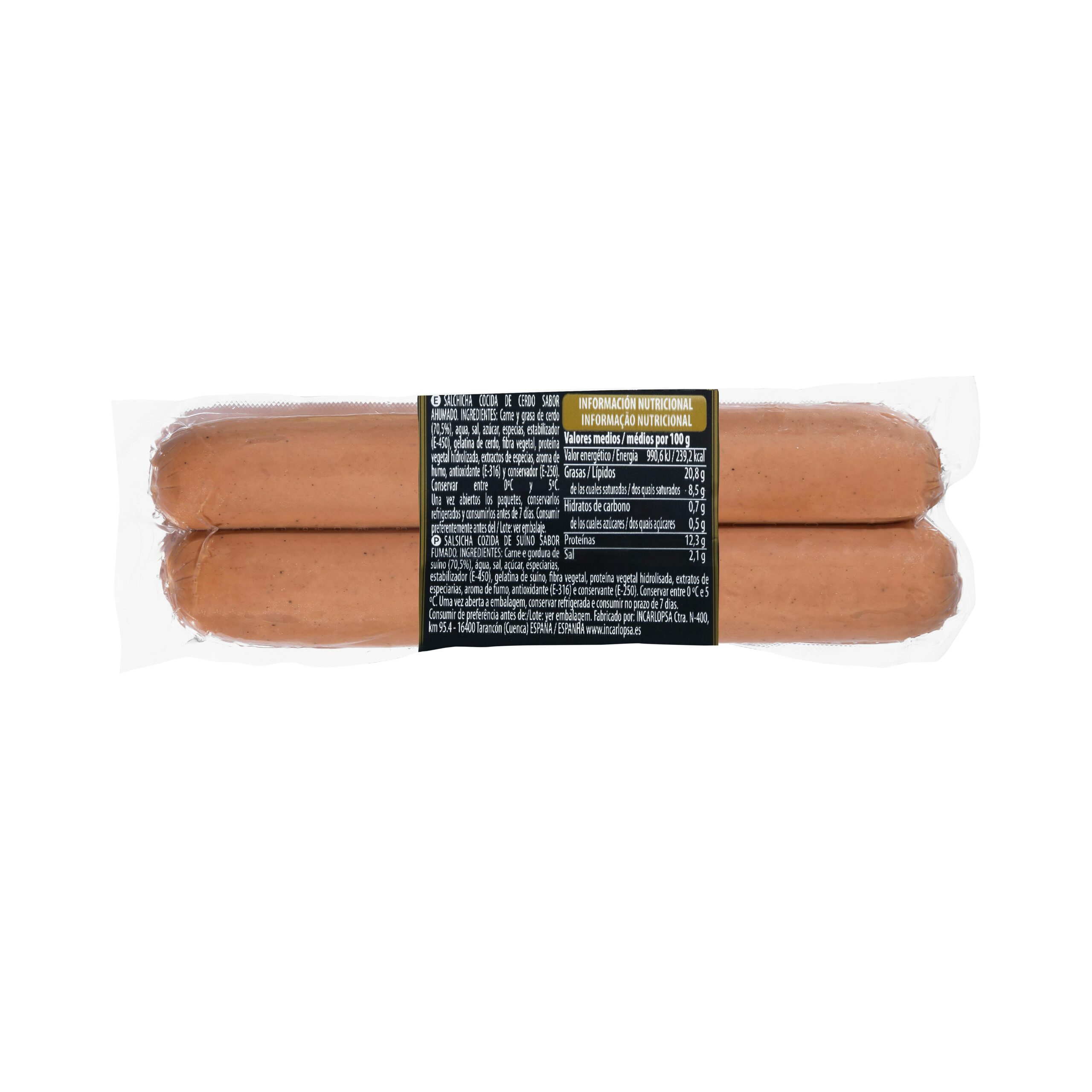 Etiqueta Salchichas cocidas bocata gourmet Hacendado de cerdo sabor ahumado
