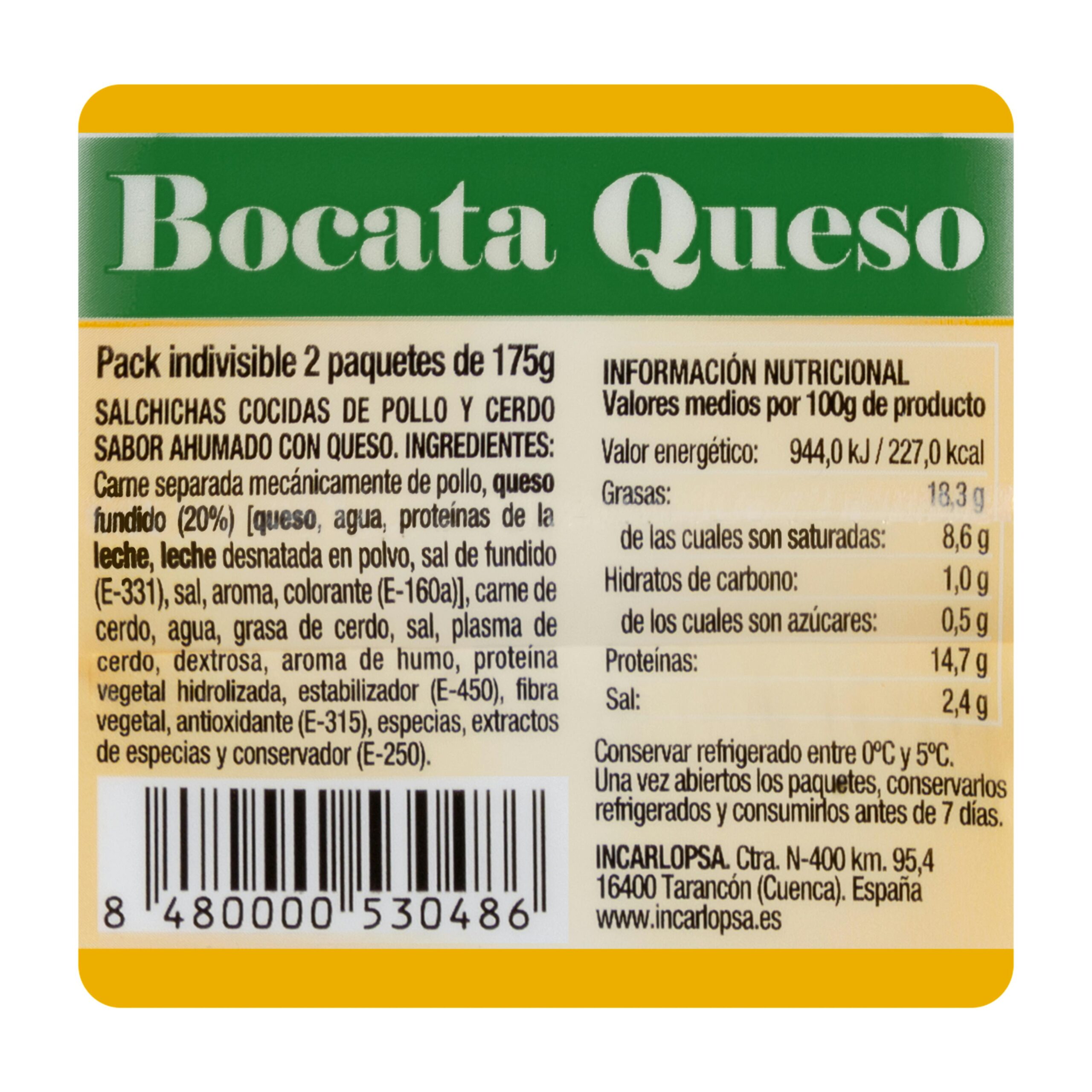 Etiqueta Salchichas cocidas bocata queso Hacendado de pollo y cerdo sabor ahumado