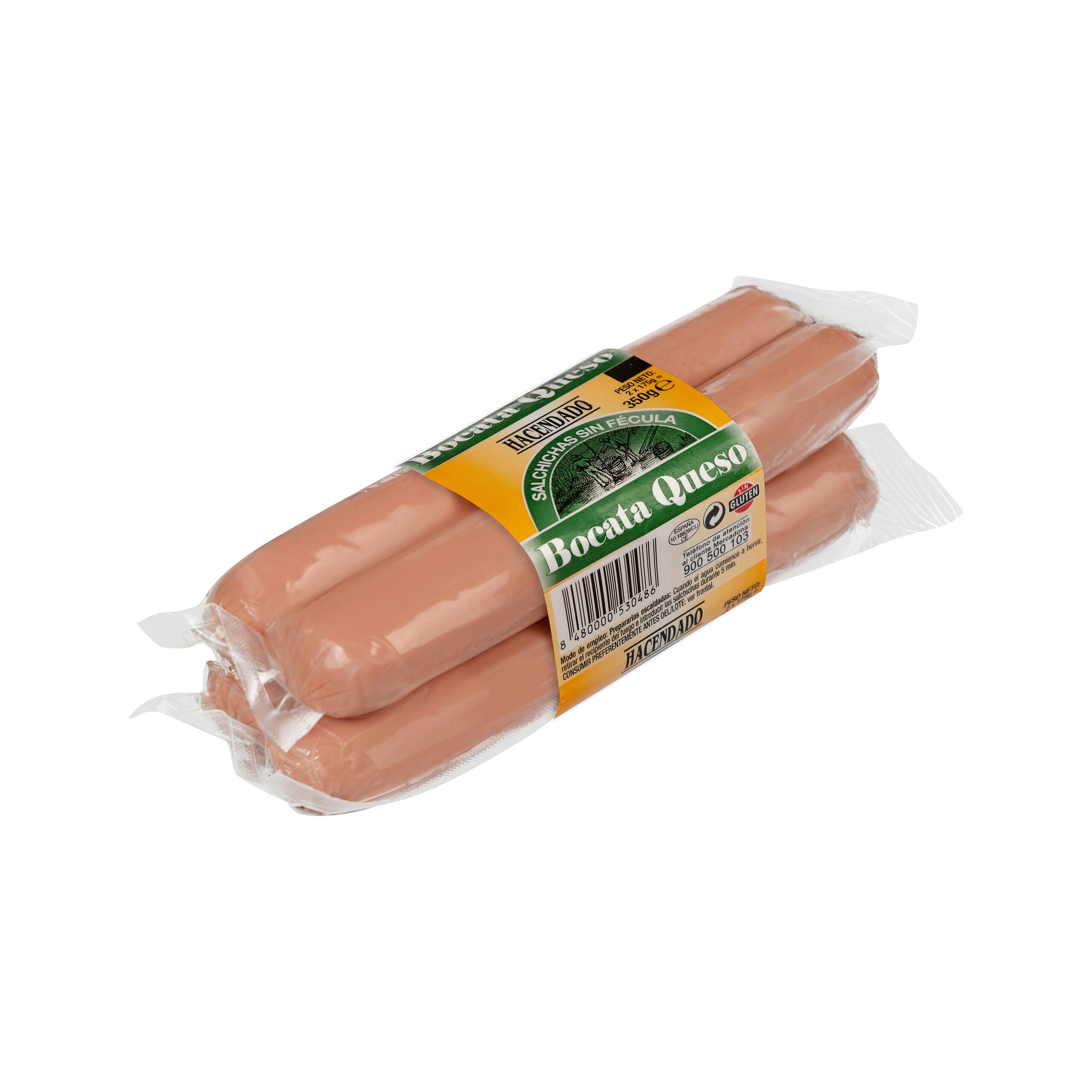 Salchichas cocidas bocata queso Hacendado de pollo y cerdo sabor ahumado Mercadona