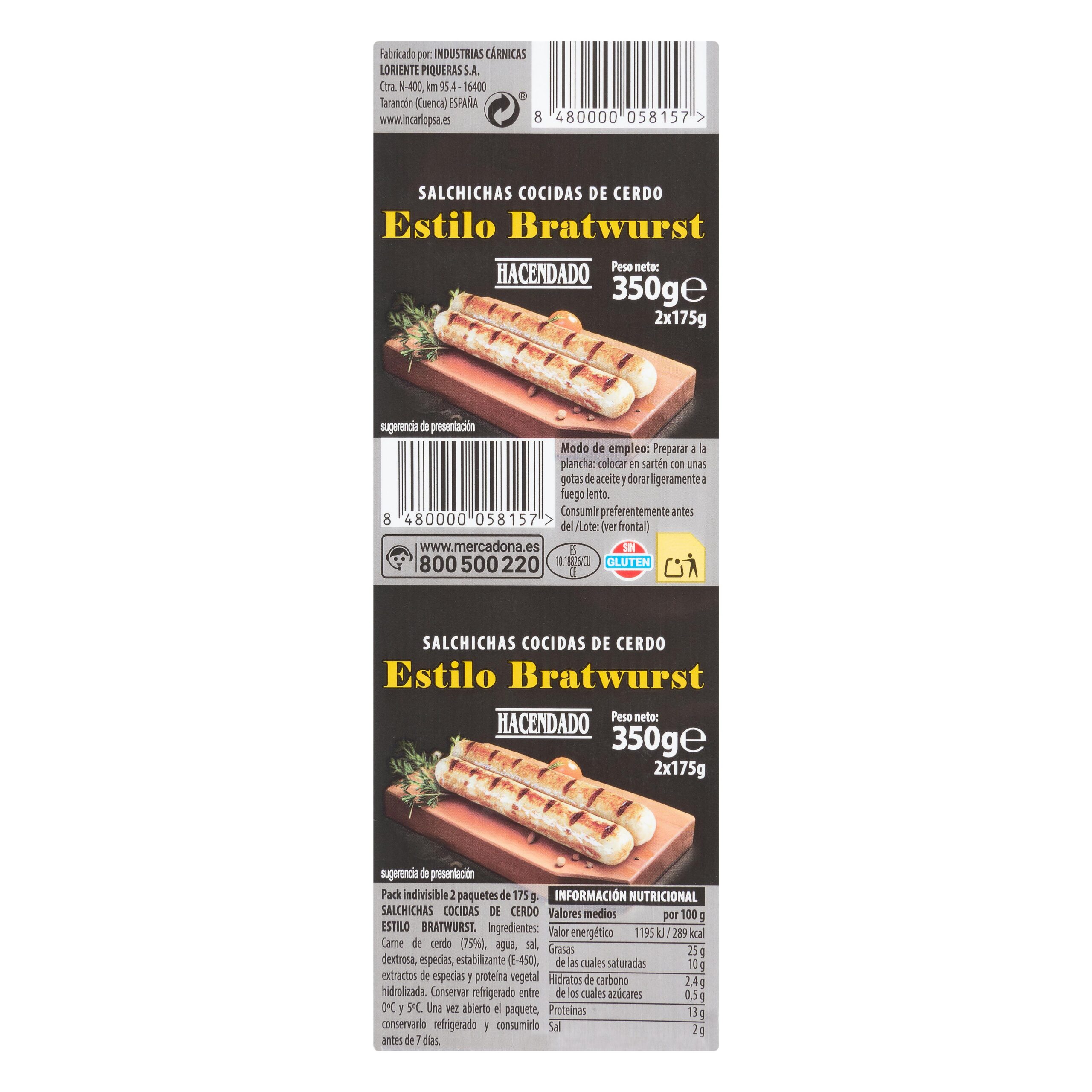 Etiqueta Salchichas cocidas de cerdo estilo Bratwurst Hacendado