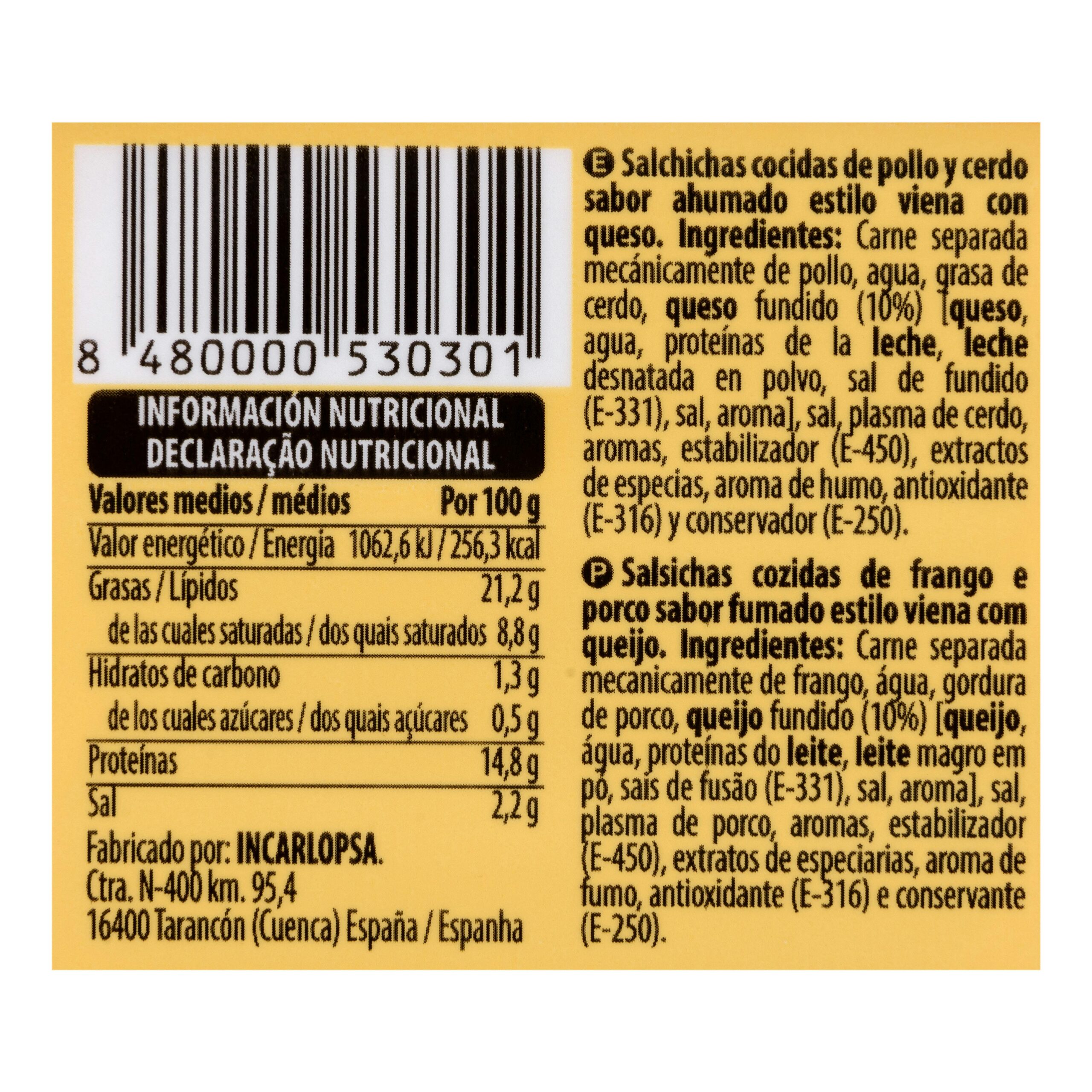Etiqueta Salchichas cocidas estilo Viena con queso Hacendado de pollo y cerdo sabor ahumado