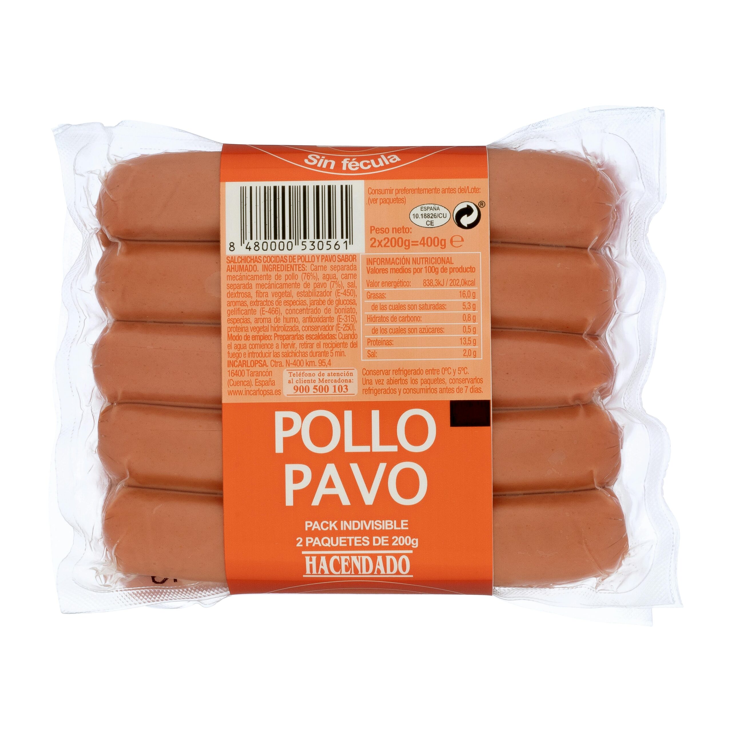 Etiqueta Salchichas cocidas Hacendado de pollo y pavo sabor ahumado