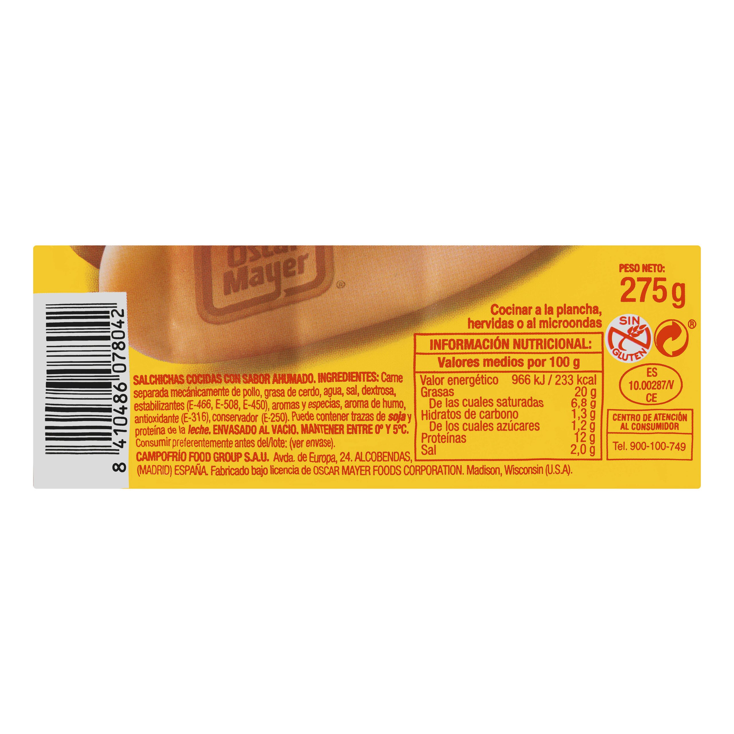 Etiqueta Salchichas cocidas hot dog bocadillo Oscar Mayer Classic de pollo y cerdo sabor ahumado