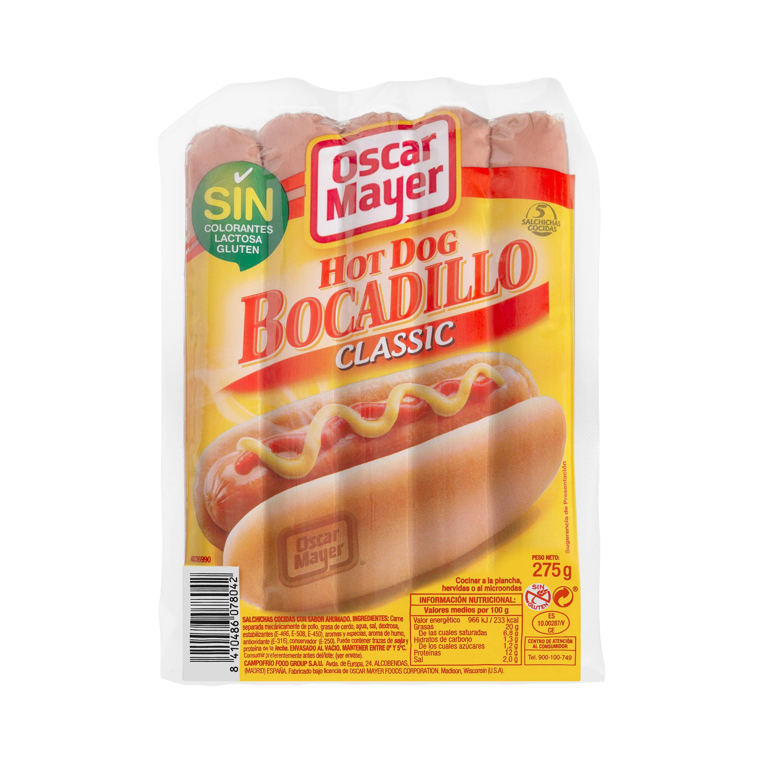Salchichas cocidas hot dog bocadillo Oscar Mayer Classic de pollo y cerdo sabor ahumado Mercadona