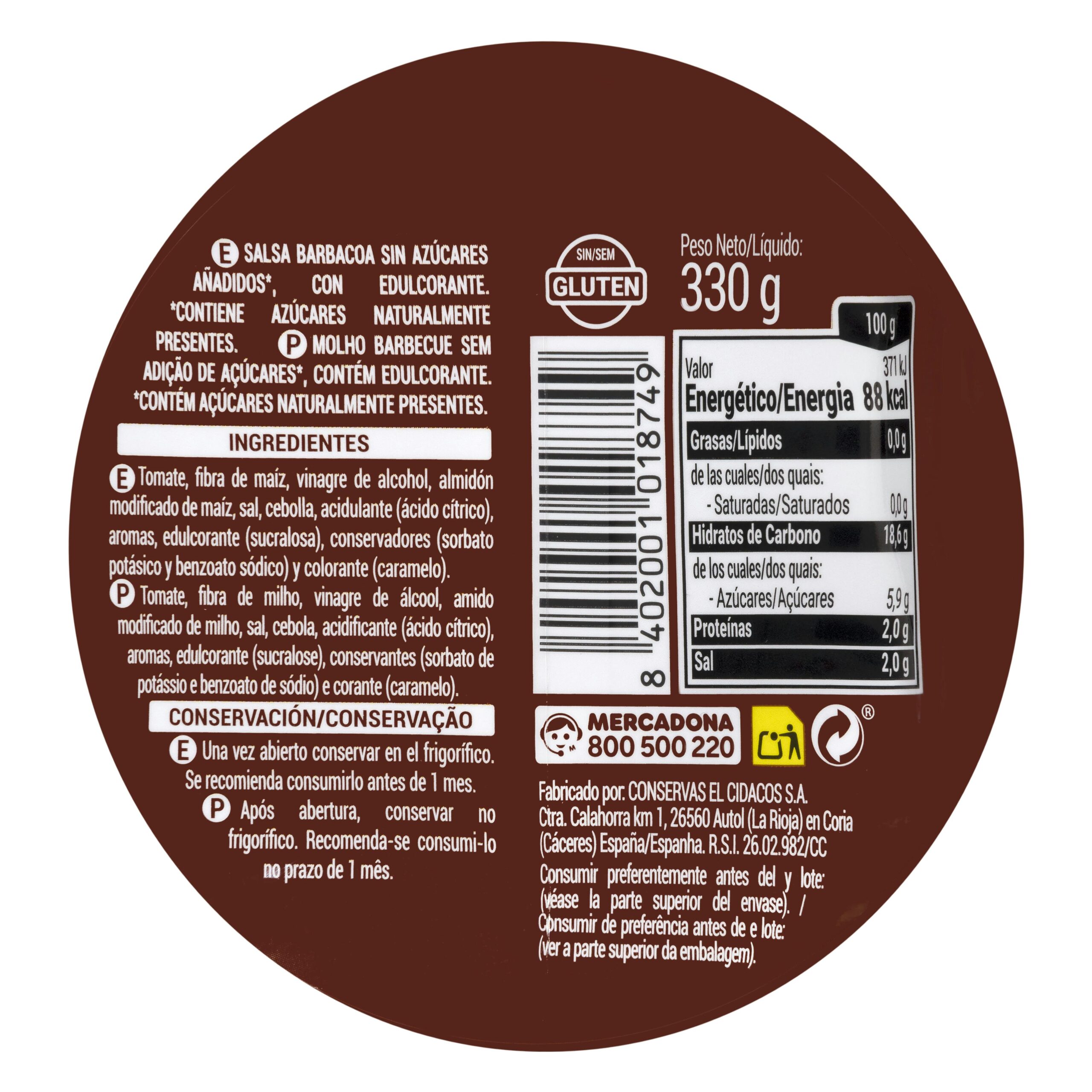 Etiqueta Salsa barbacoa zero azúcares añadidos Hacendado