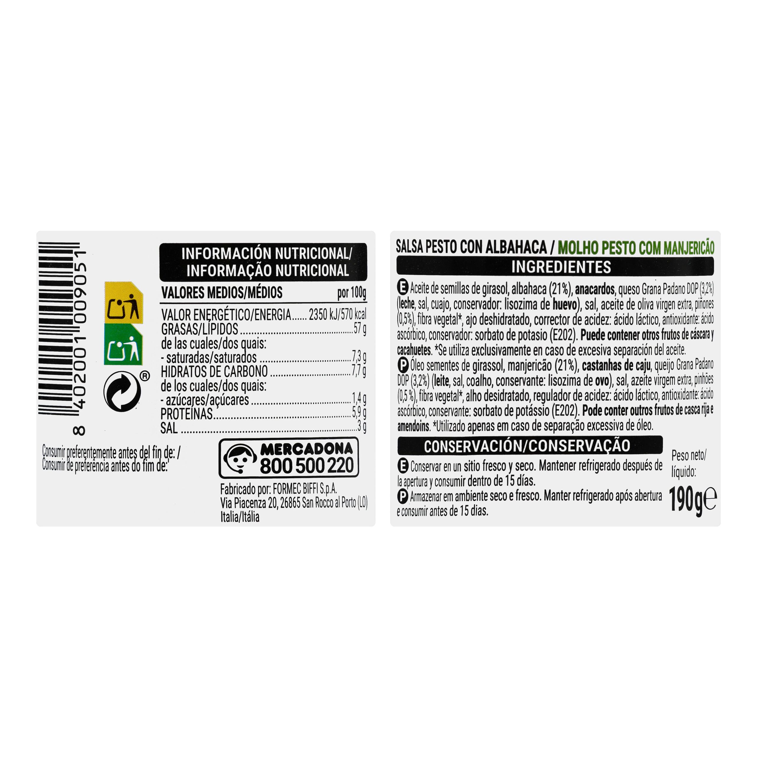 Etiqueta Salsa pesto con albahaca Hacendado