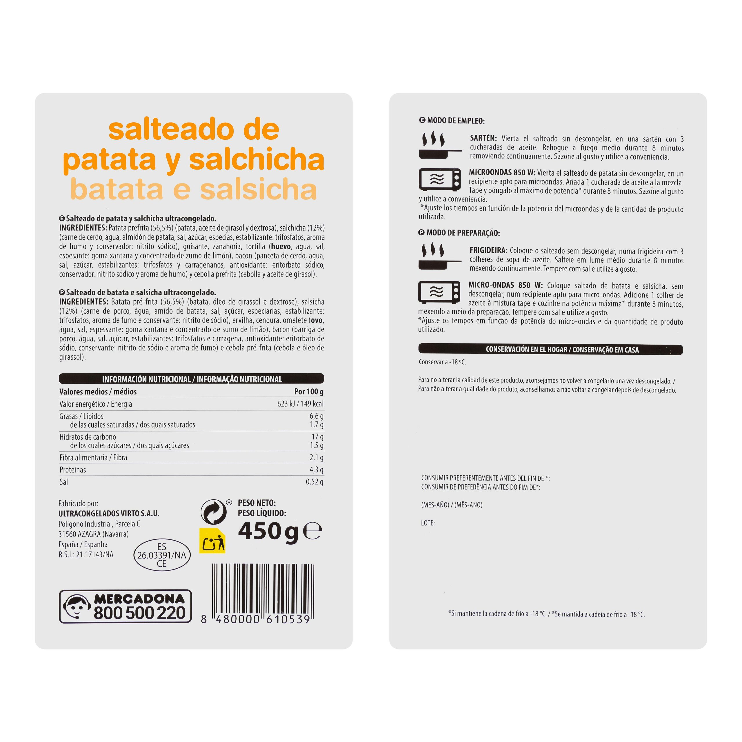 Etiqueta Salteado de patata y salchicha Hacendado ultracongelado