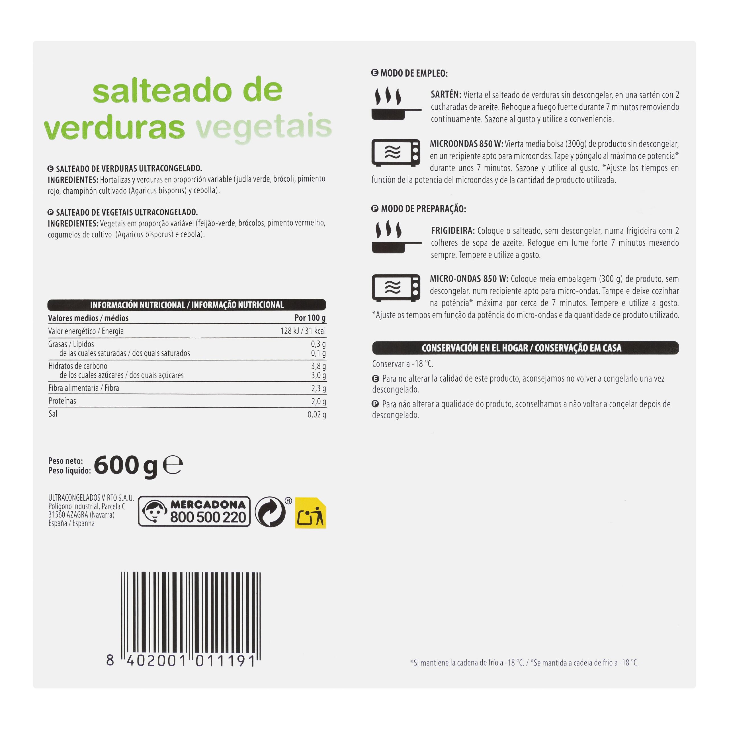 Etiqueta Salteado de verduras Hacendado ultracongelado