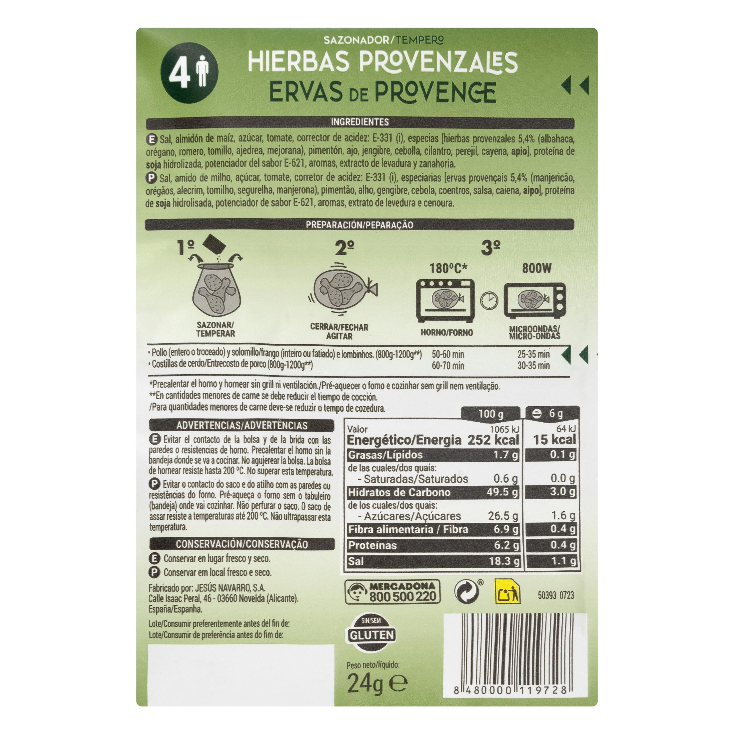 Etiqueta Sazonador hierbas provenzales Hacendado para pollo y costillas al horno y microondas con bolsa
