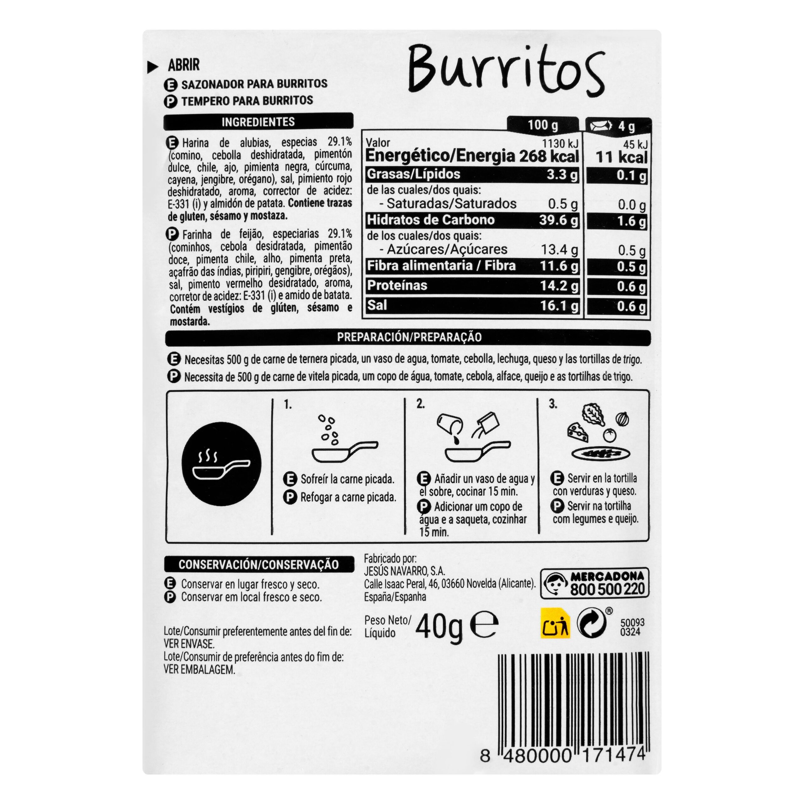 Etiqueta Sazonador para burritos Hacendado