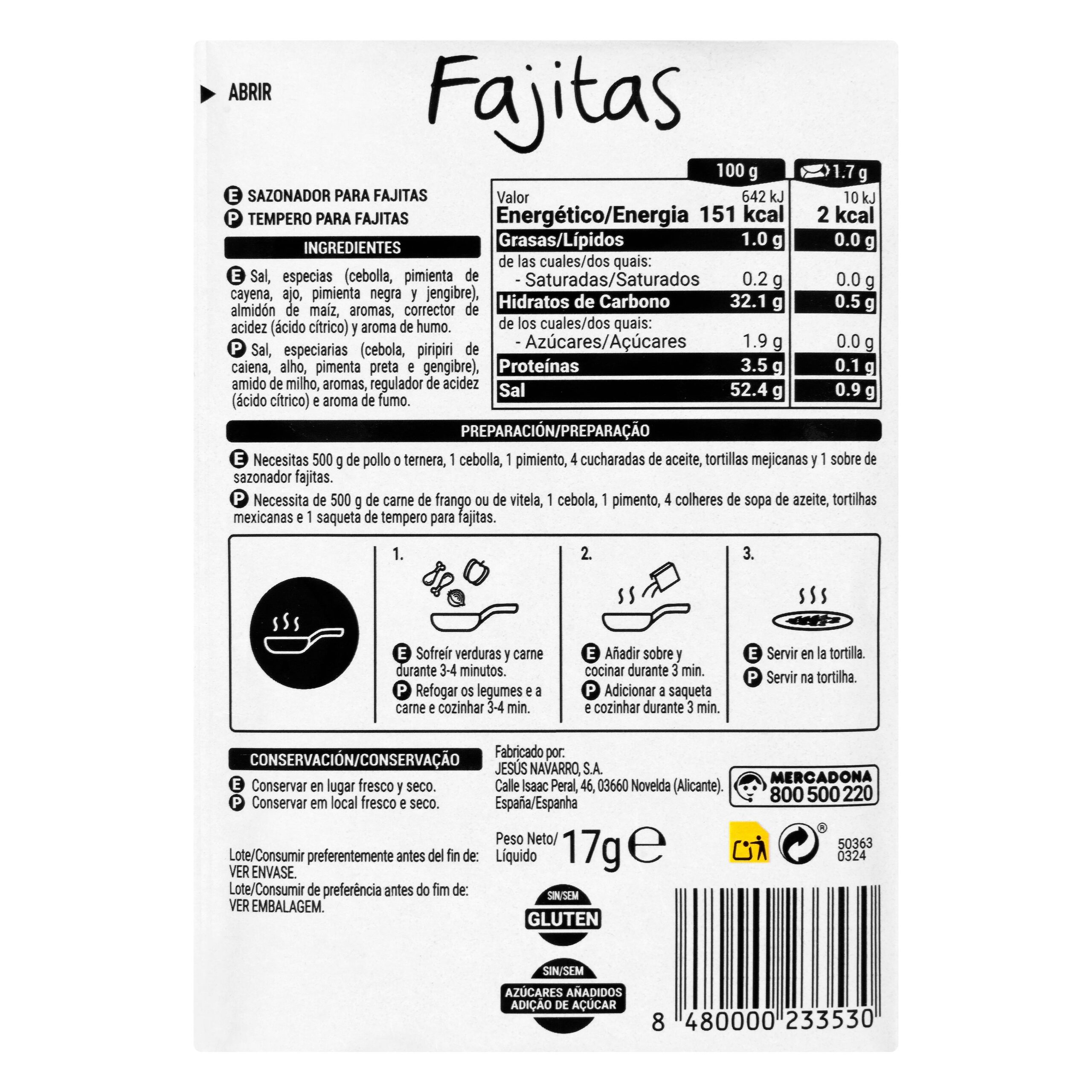 Etiqueta Sazonador para fajitas Hacendado sabor tex-mex