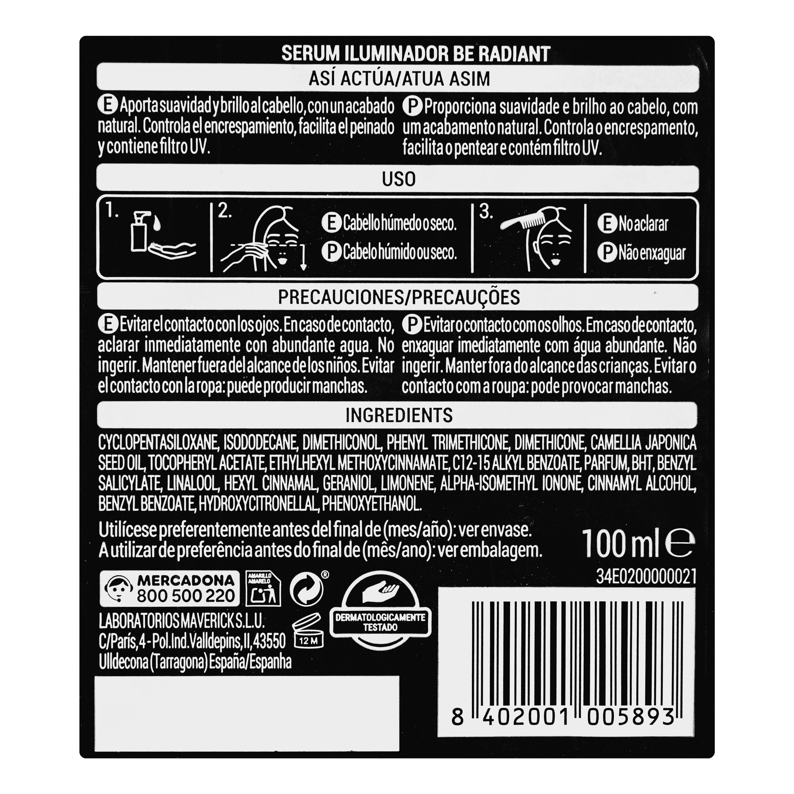 Etiqueta Sérum Be Radiant 10 en 1 Deliplus cabello apagado con aceite de camelia