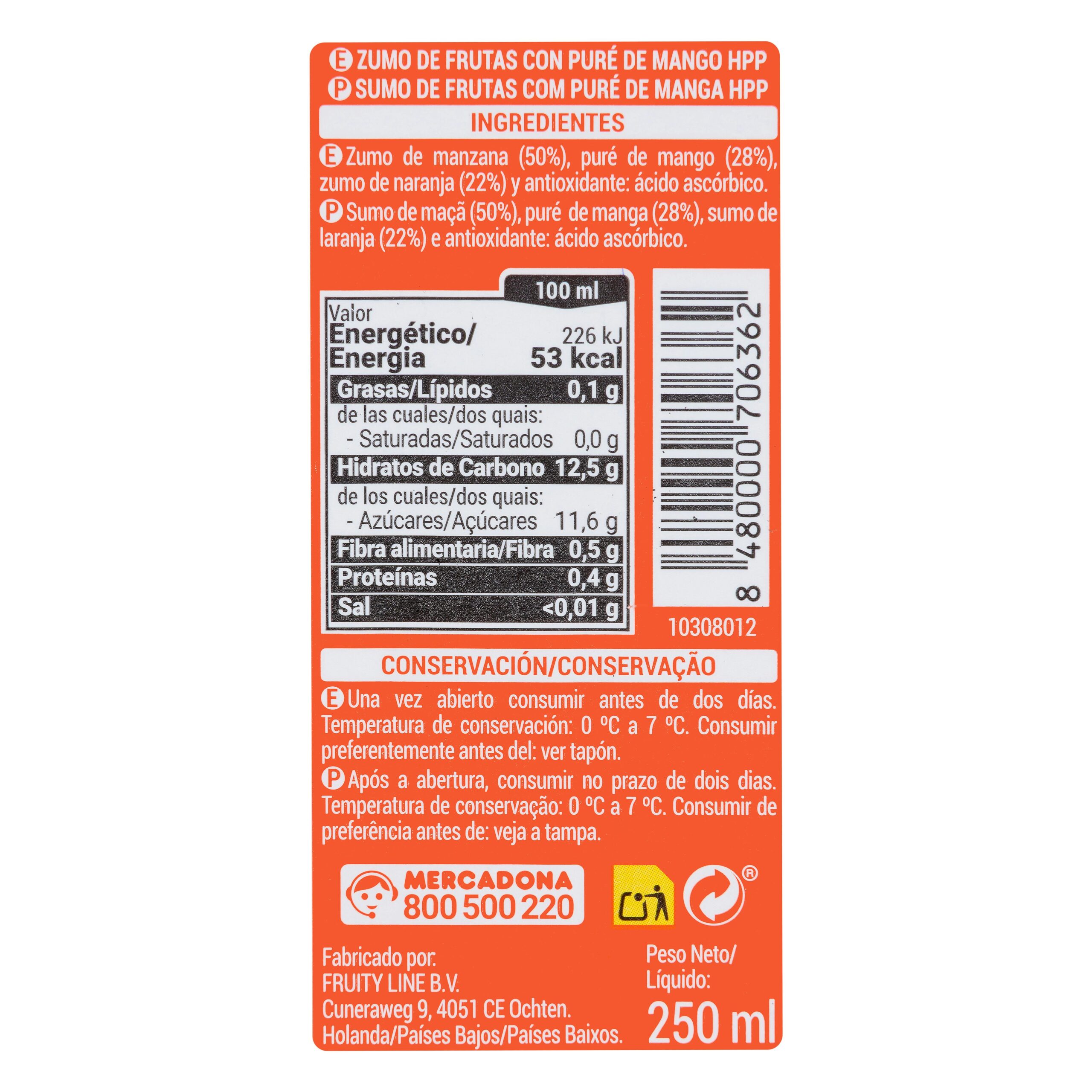 Etiqueta Smoothie mango y naranja Hacendado