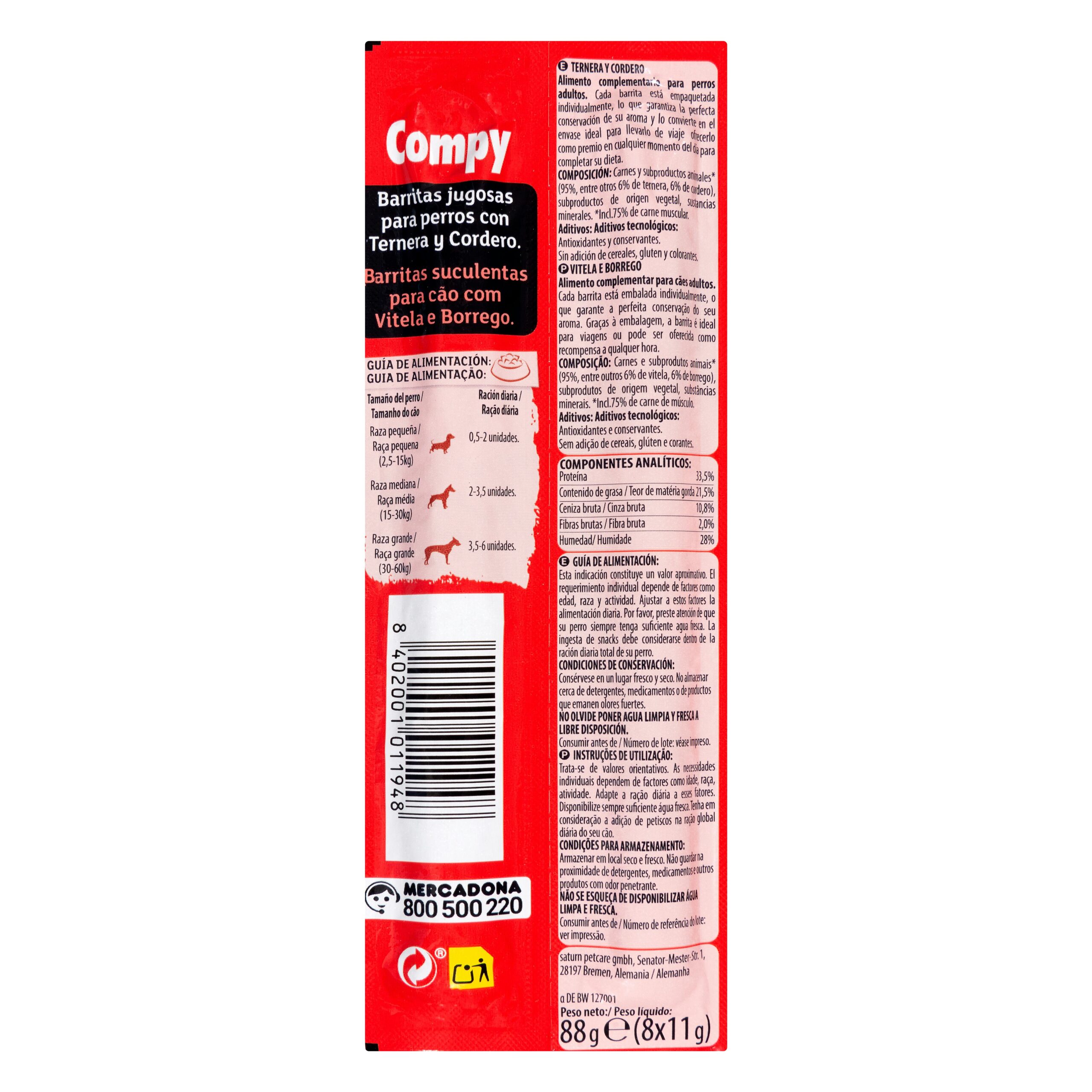 Etiqueta Snack barritas perro adulto de ternera y cordero Compy