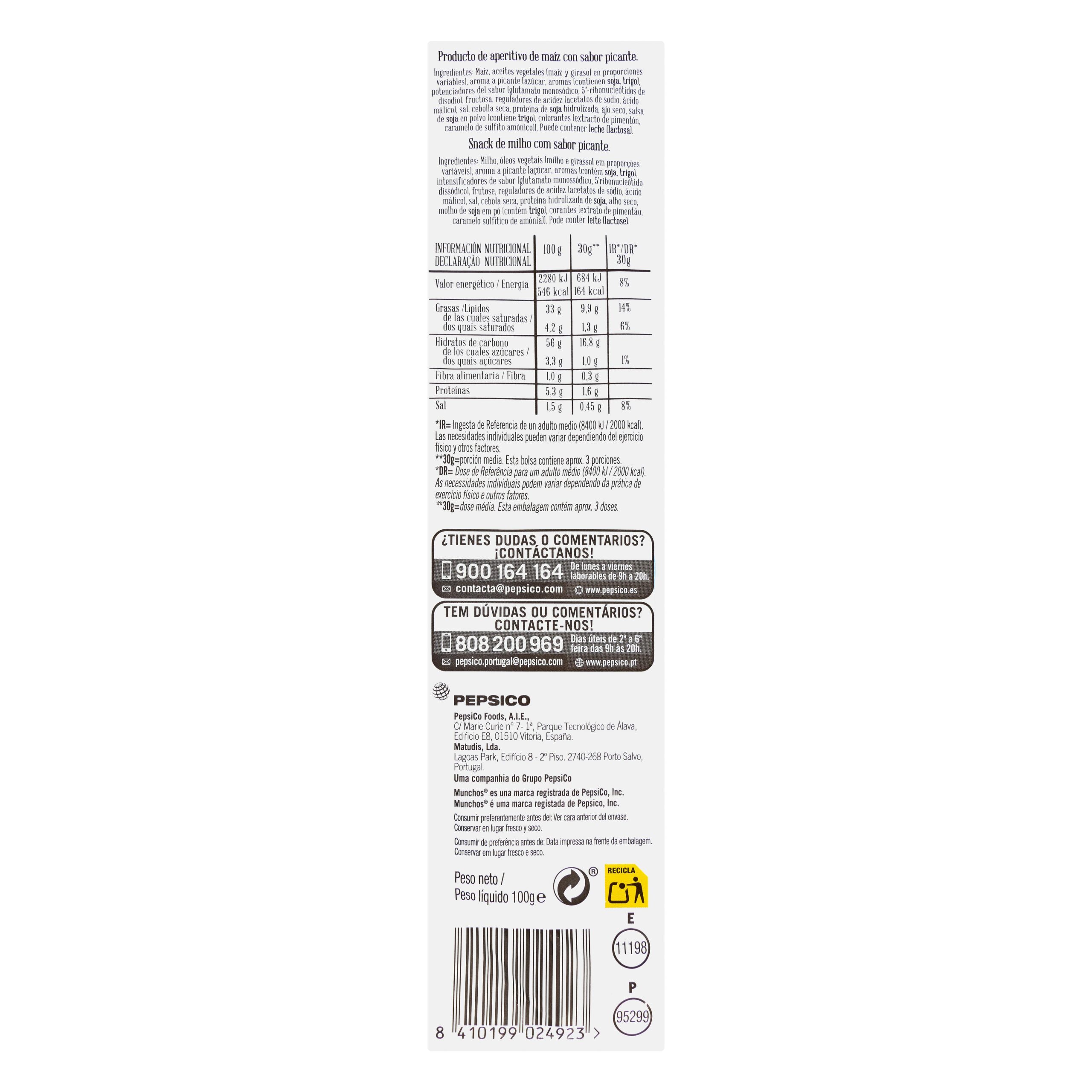 Etiqueta Snack de maíz Crunchy sabor picante Munchos