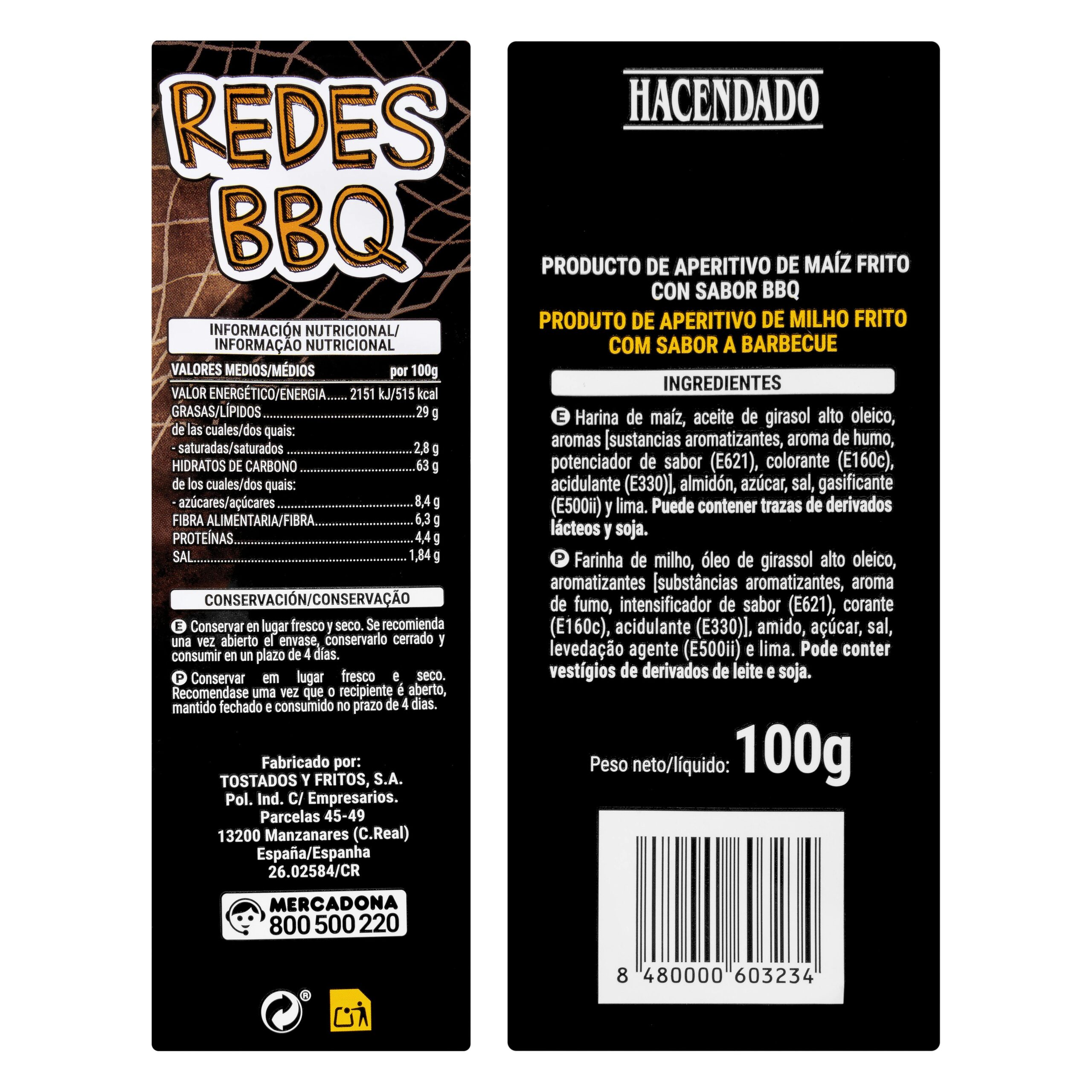 Etiqueta Snack de maíz Redes sabor barbacoa Hacendado