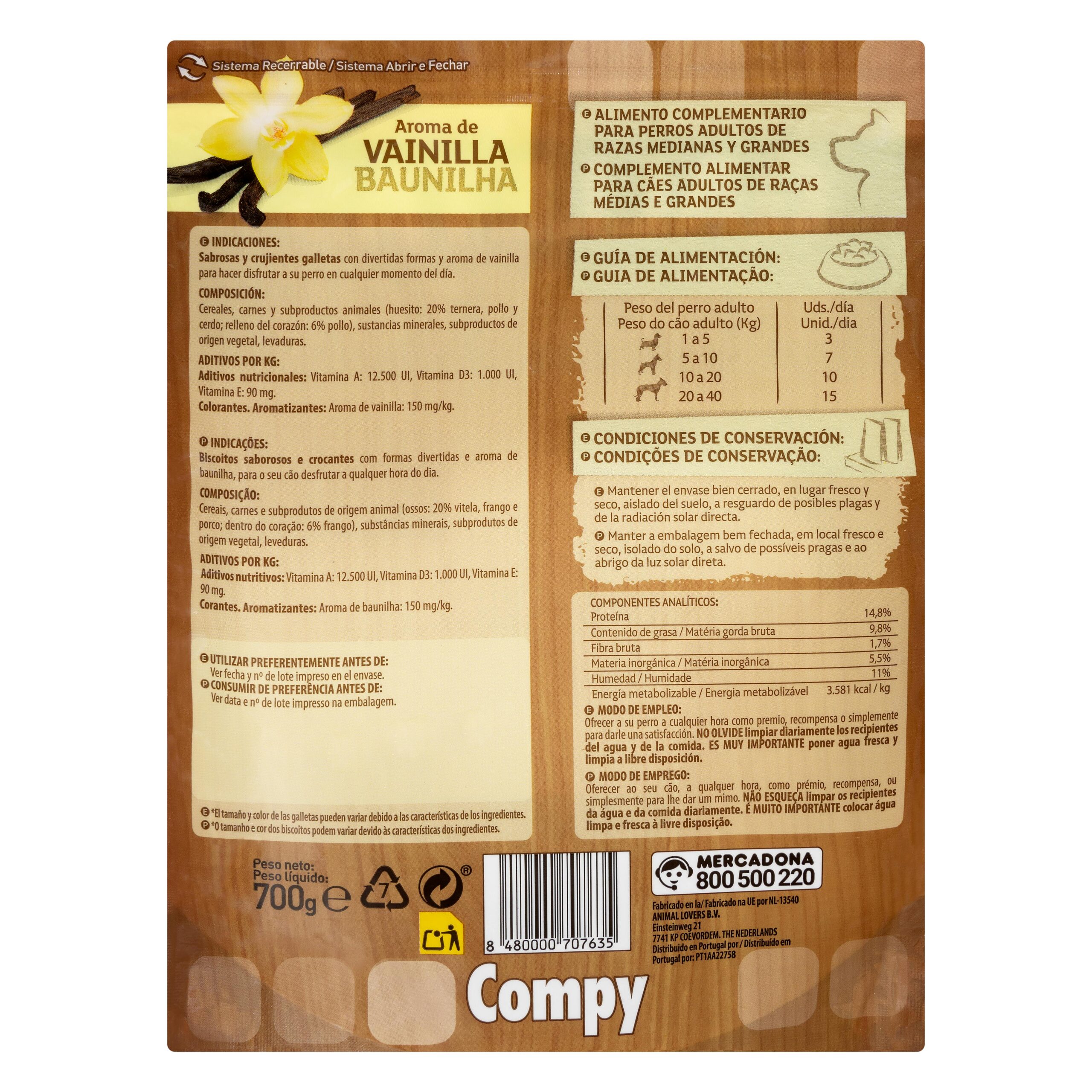 Etiqueta Snack galletas perro adulto con pollo y ternera Compy razas medianas y grandes