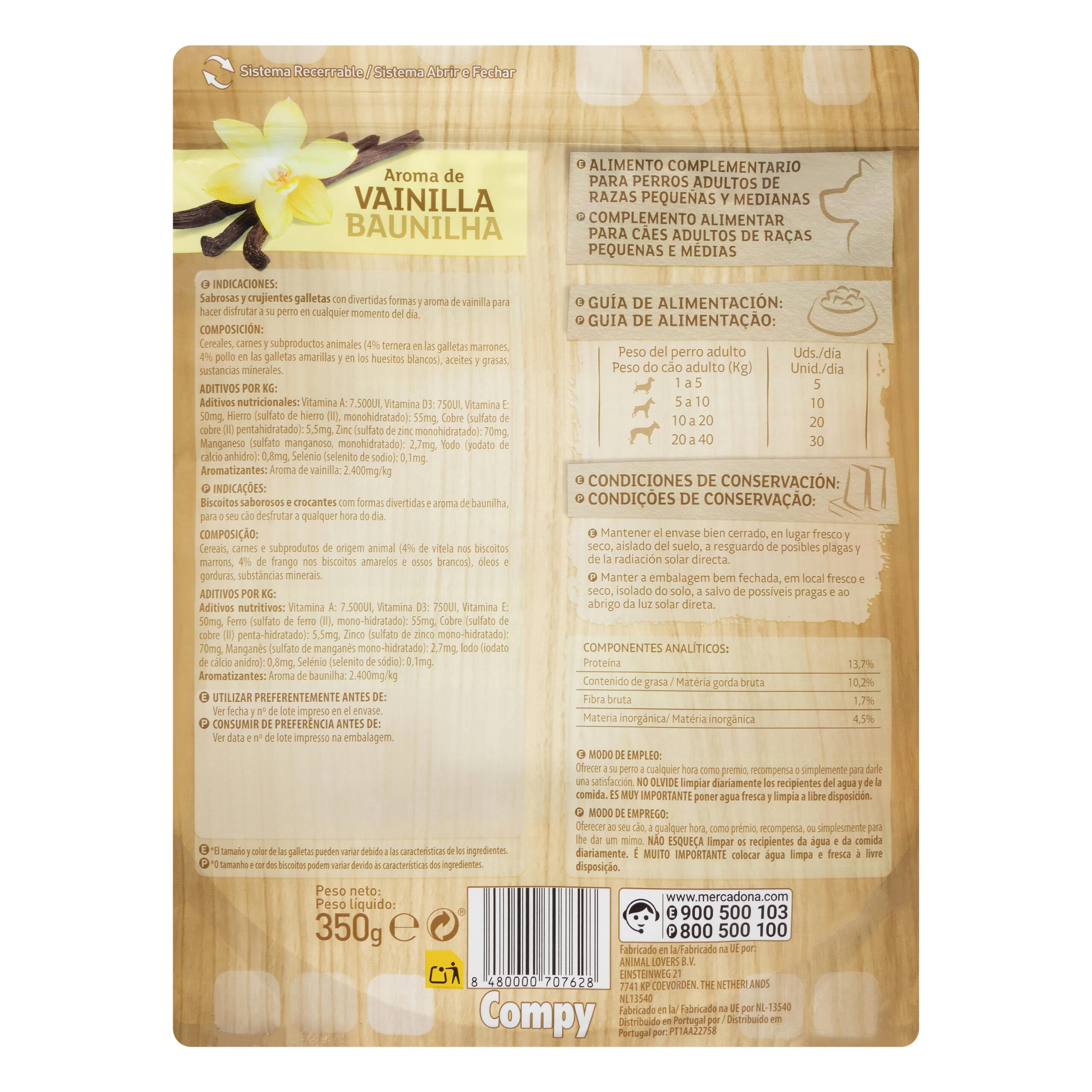Etiqueta Snack galletas perro adulto con pollo y ternera Compy razas pequeñas y medianas